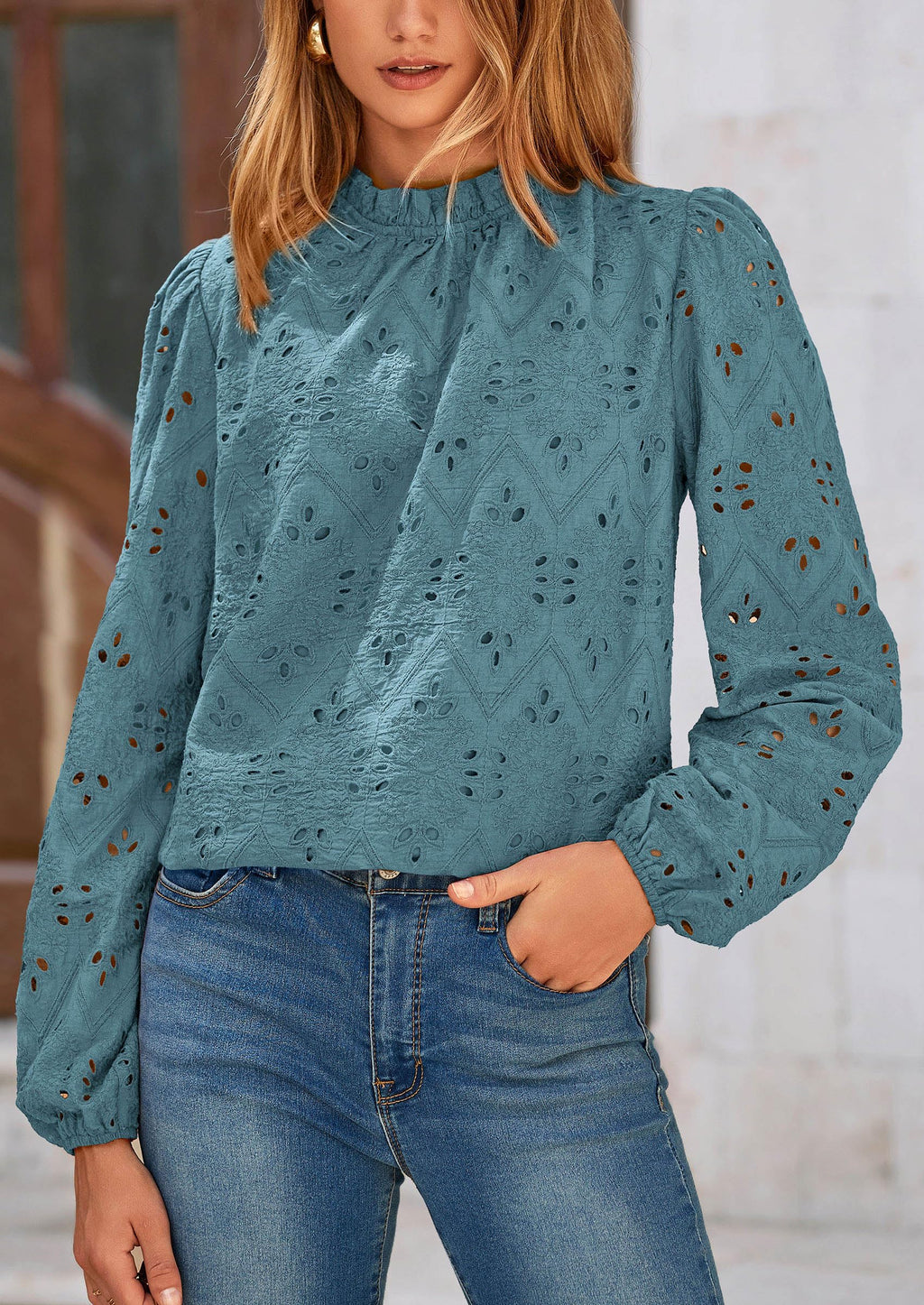 Womens Tops Dressy Casual Spring Long Sleeve Shirts Embroidered Eyelet Blouses Going Out Outfits