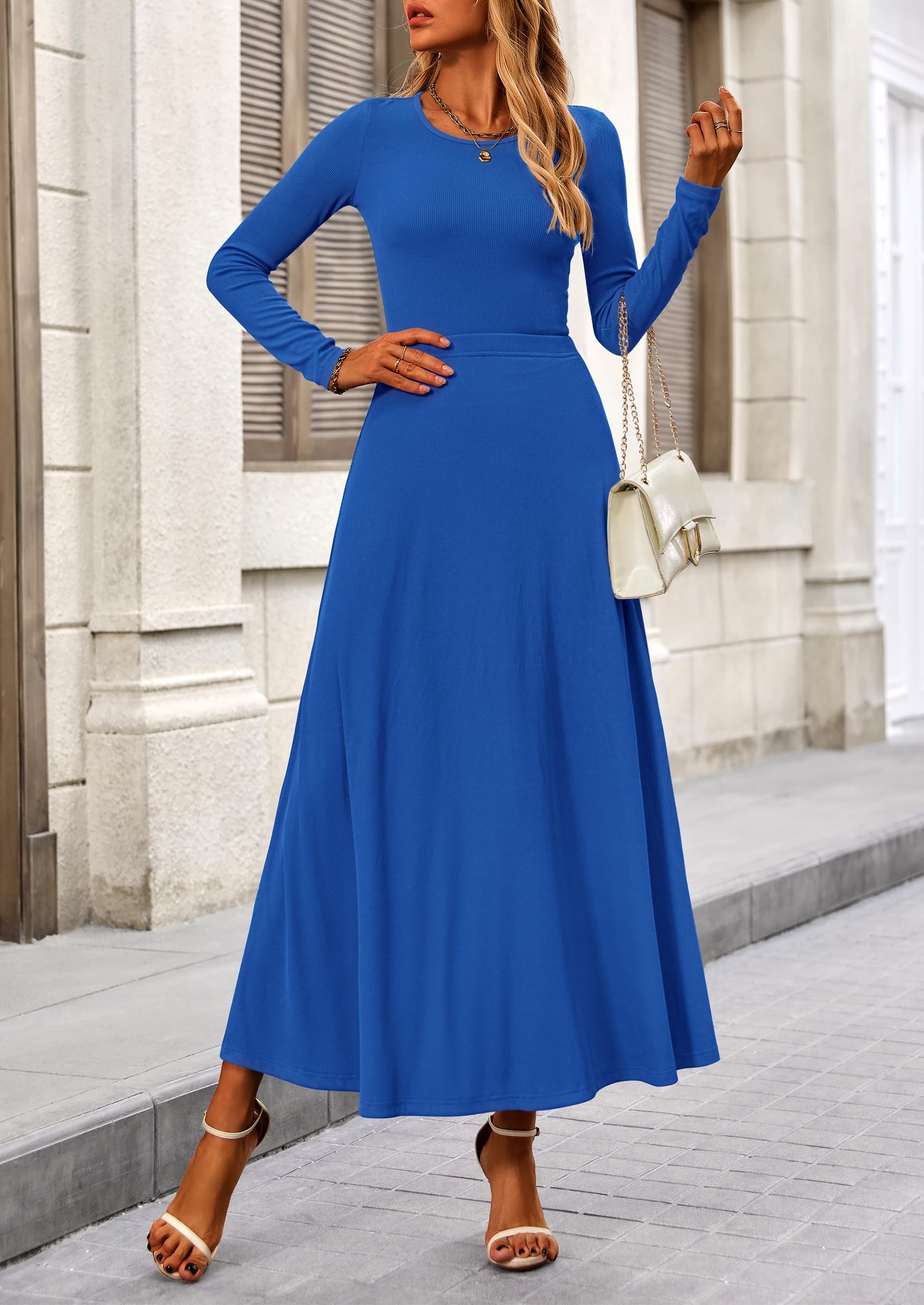 2 Piece Casual Ribbed Knit Long Sleeve Crop Tops Maxi Flowy Skirts Matching Sets