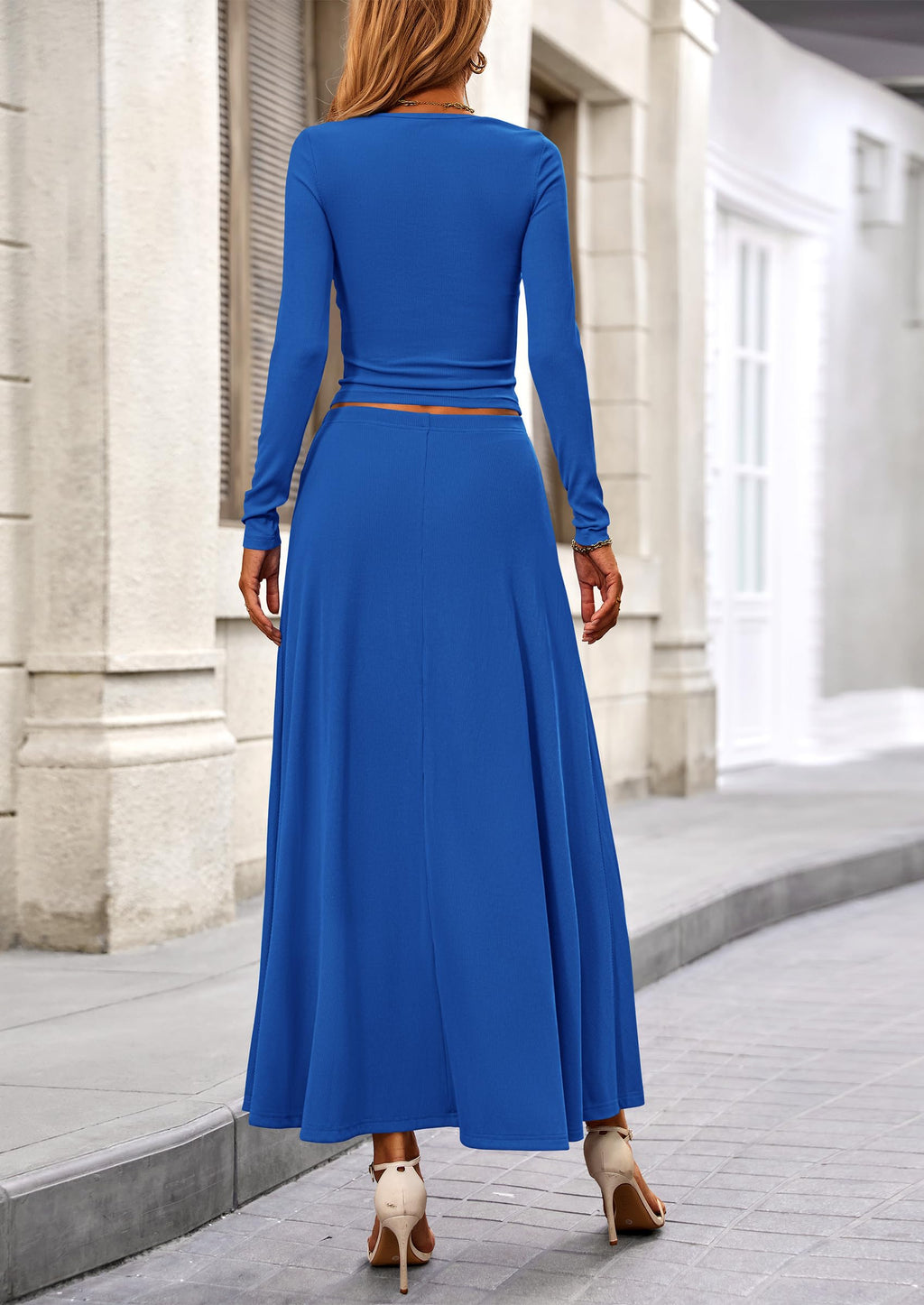 2 Piece Casual Ribbed Knit Long Sleeve Crop Tops Maxi Flowy Skirts Matching Sets