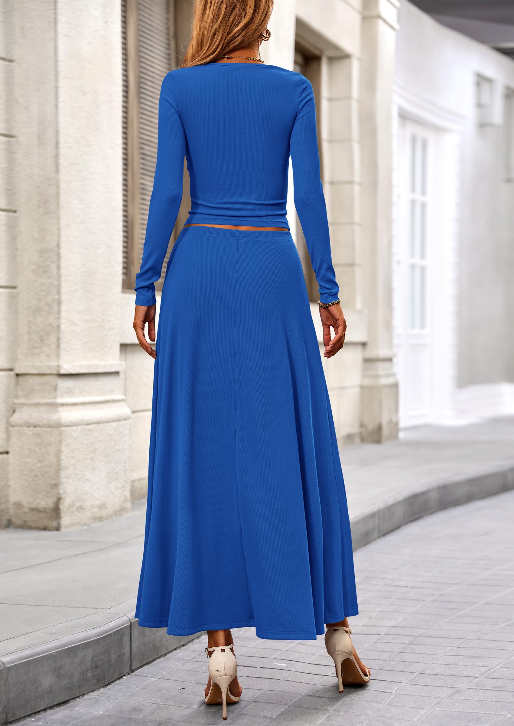 2 Piece Casual Ribbed Knit Long Sleeve Crop Tops Maxi Flowy Skirts Matching Sets