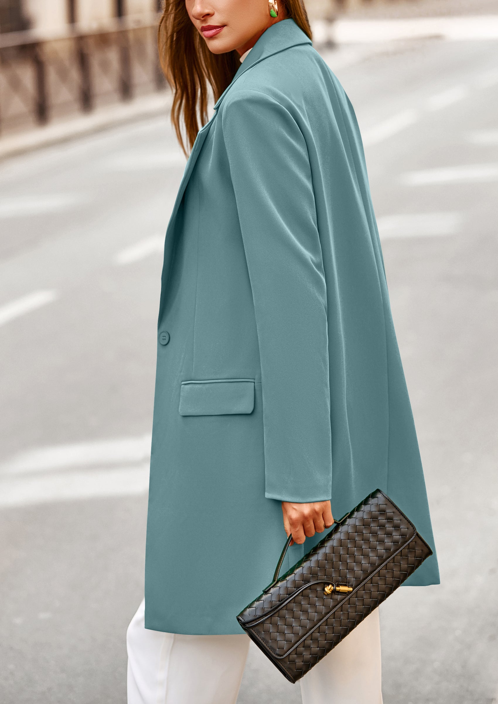 Women's Spring Fall Long Blazer Jackets Long Sleeve Lapel Pockets Loose Fit Work Casual Blazers Outerwear