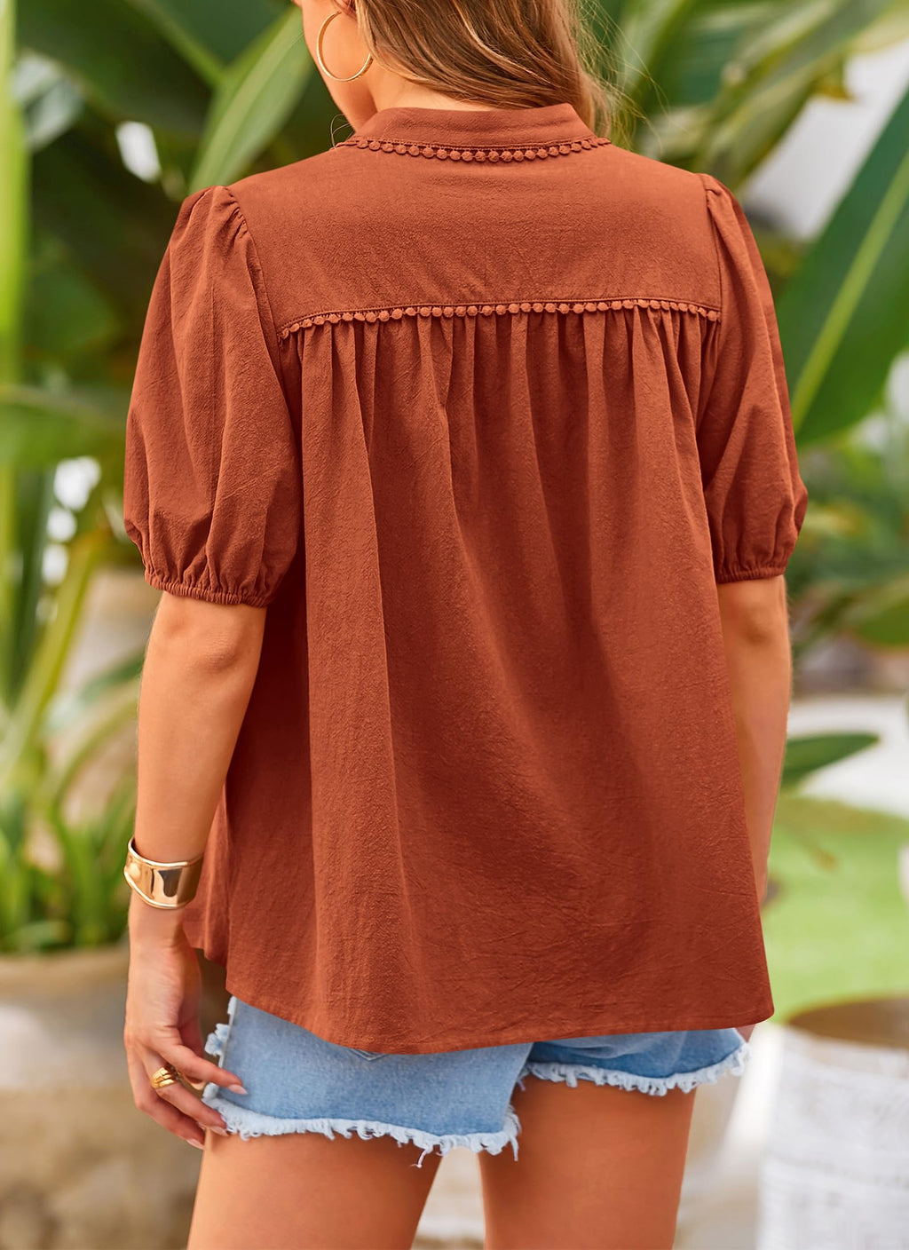 Women's Summer Tops Button Down Shirts Short Lantern Sleeve V Neck Cotton Cute Dressy Casual Blouses