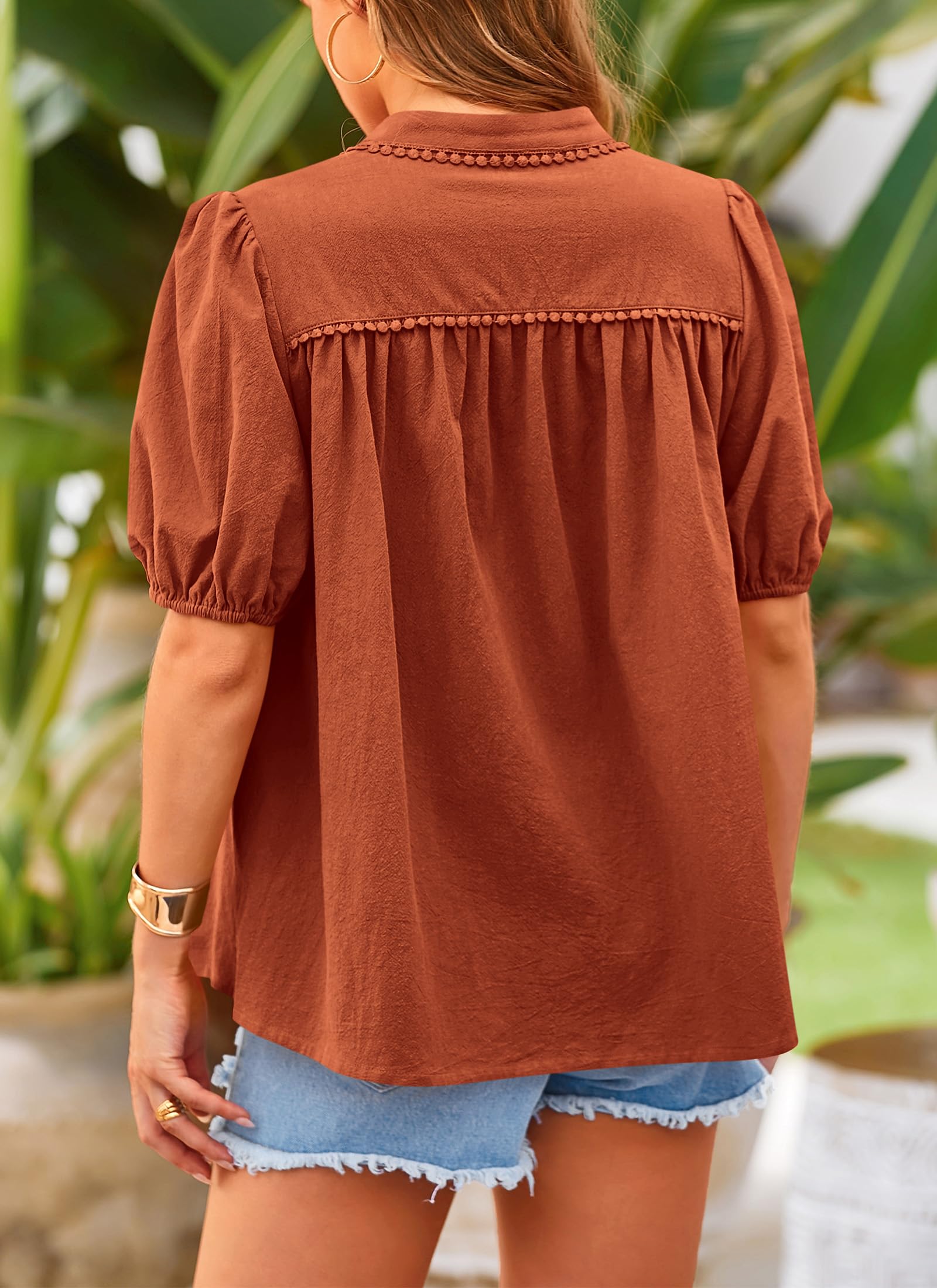 Women's Summer Tops Button Down Shirts Short Lantern Sleeve V Neck Cotton Cute Dressy Casual Blouses