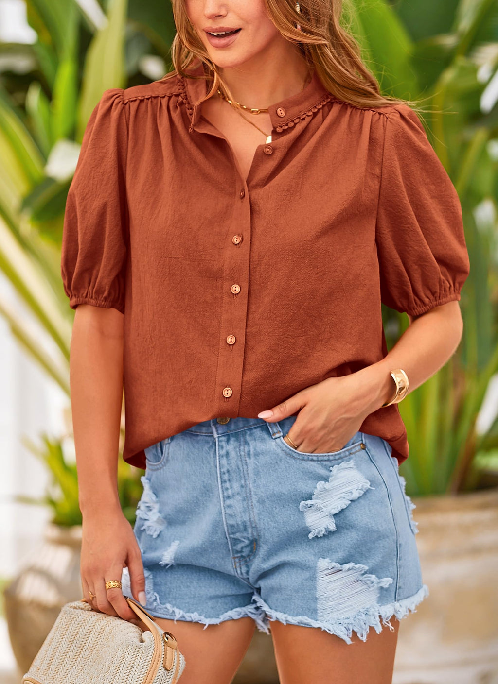 Women's Summer Tops Button Down Shirts Short Lantern Sleeve V Neck Cotton Cute Dressy Casual Blouses