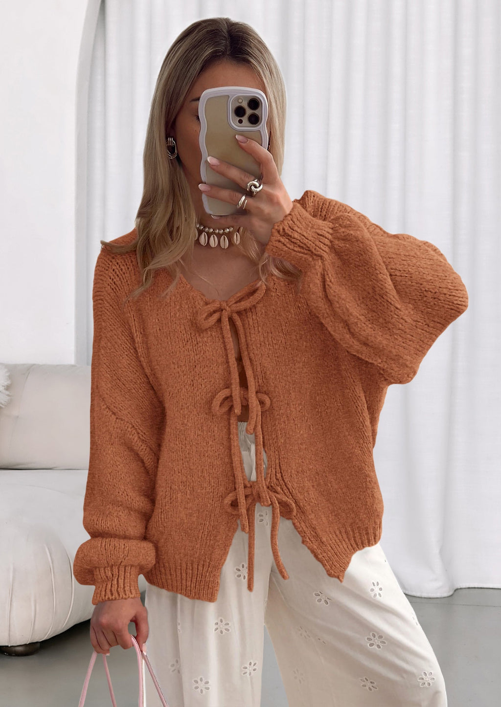 Women's Tie Front Bow Cardigan Sweaters Chunky Knit Long Puff Sleeve Trendy Fall Winter Jacket Coats