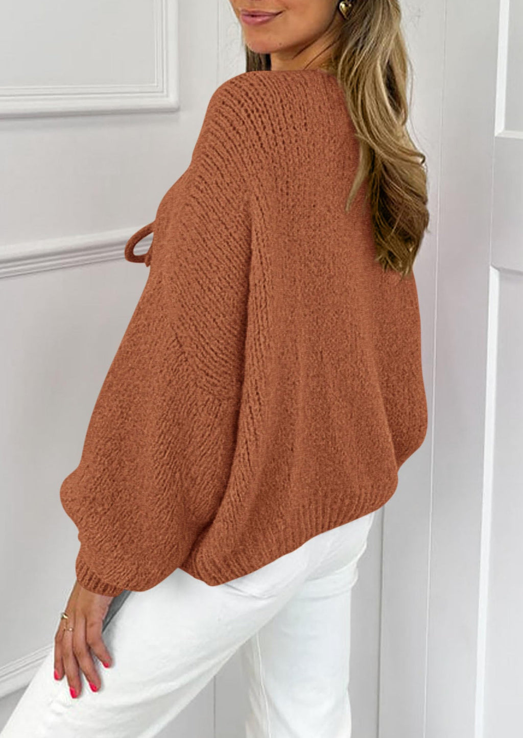 Women's Tie Front Bow Cardigan Sweaters Chunky Knit Long Puff Sleeve Trendy Fall Winter Jacket Coats