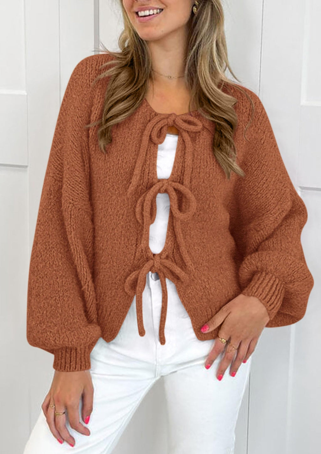 Women's Tie Front Bow Cardigan Sweaters Chunky Knit Long Puff Sleeve Trendy Fall Winter Jacket Coats