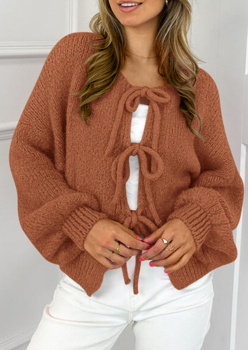 Women's Tie Front Bow Cardigan Sweaters Chunky Knit Long Puff Sleeve Trendy Fall Winter Jacket Coats