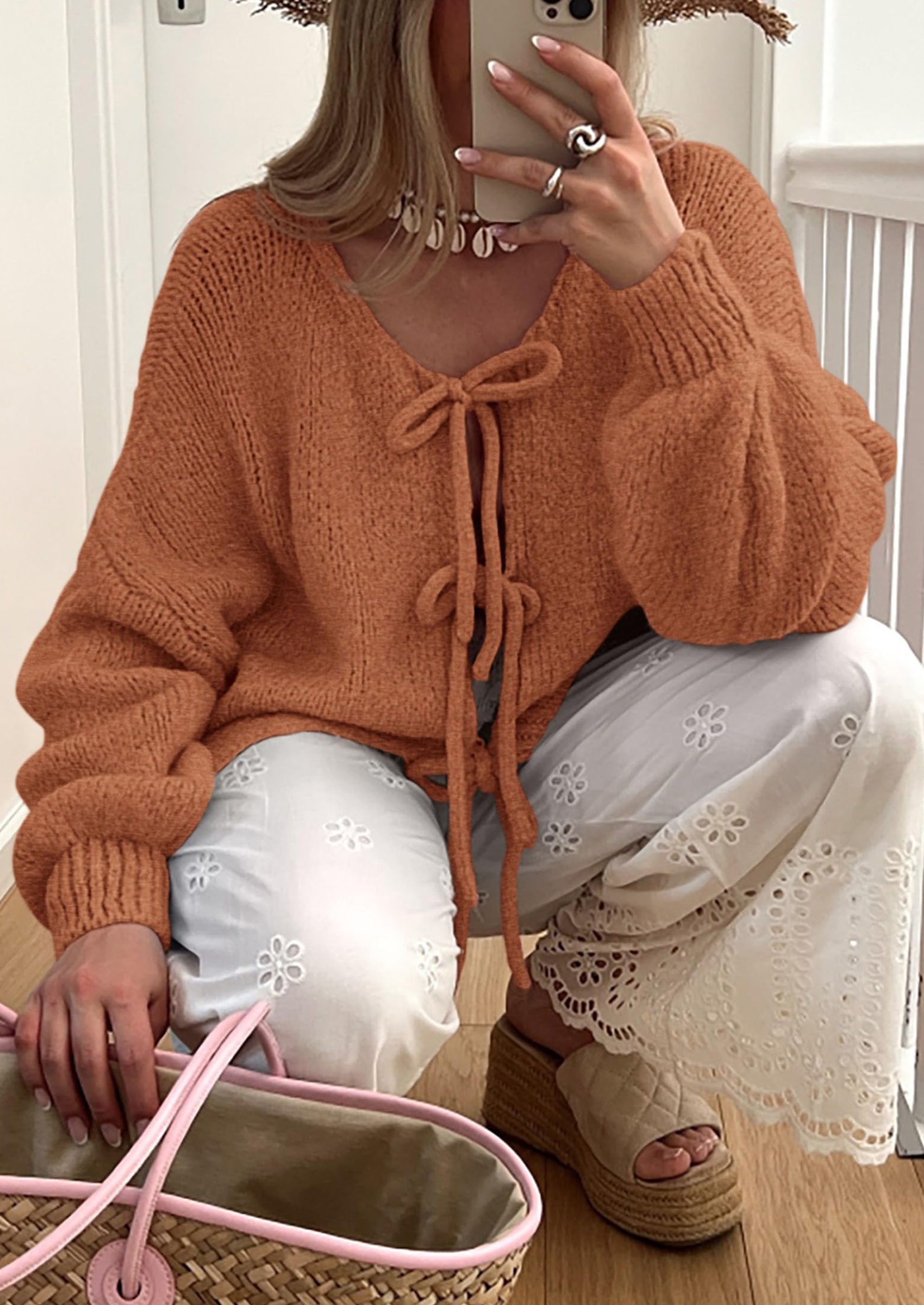 Women's Tie Front Bow Cardigan Sweaters Chunky Knit Long Puff Sleeve Trendy Fall Winter Jacket Coats