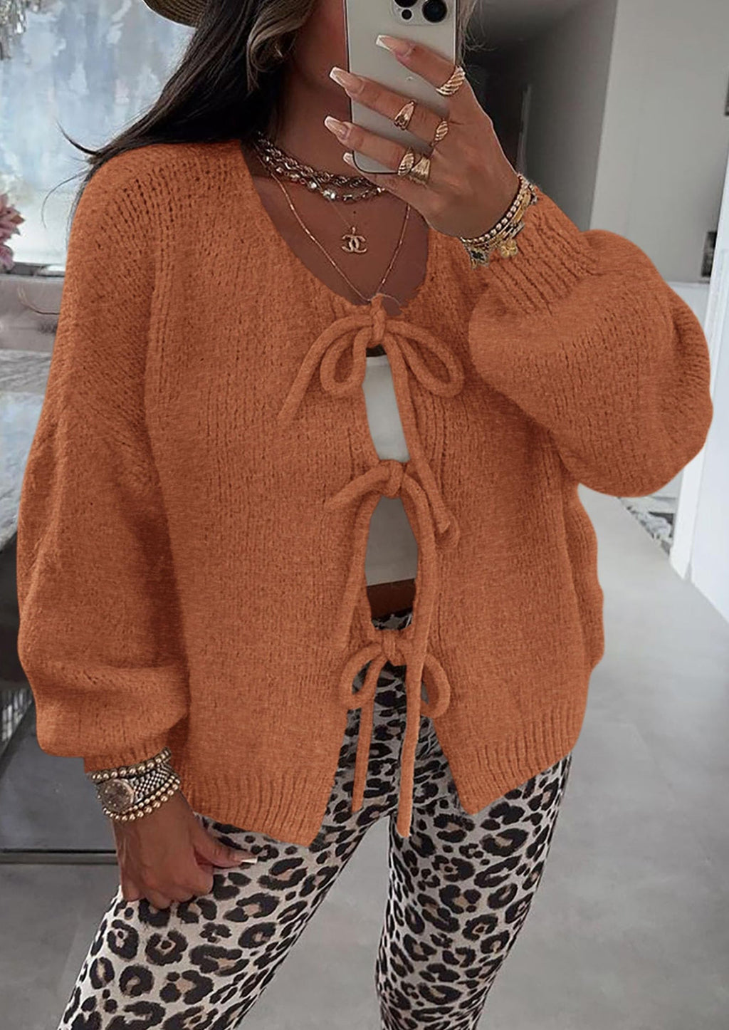 Women's Tie Front Bow Cardigan Sweaters Chunky Knit Long Puff Sleeve Trendy Fall Winter Jacket Coats