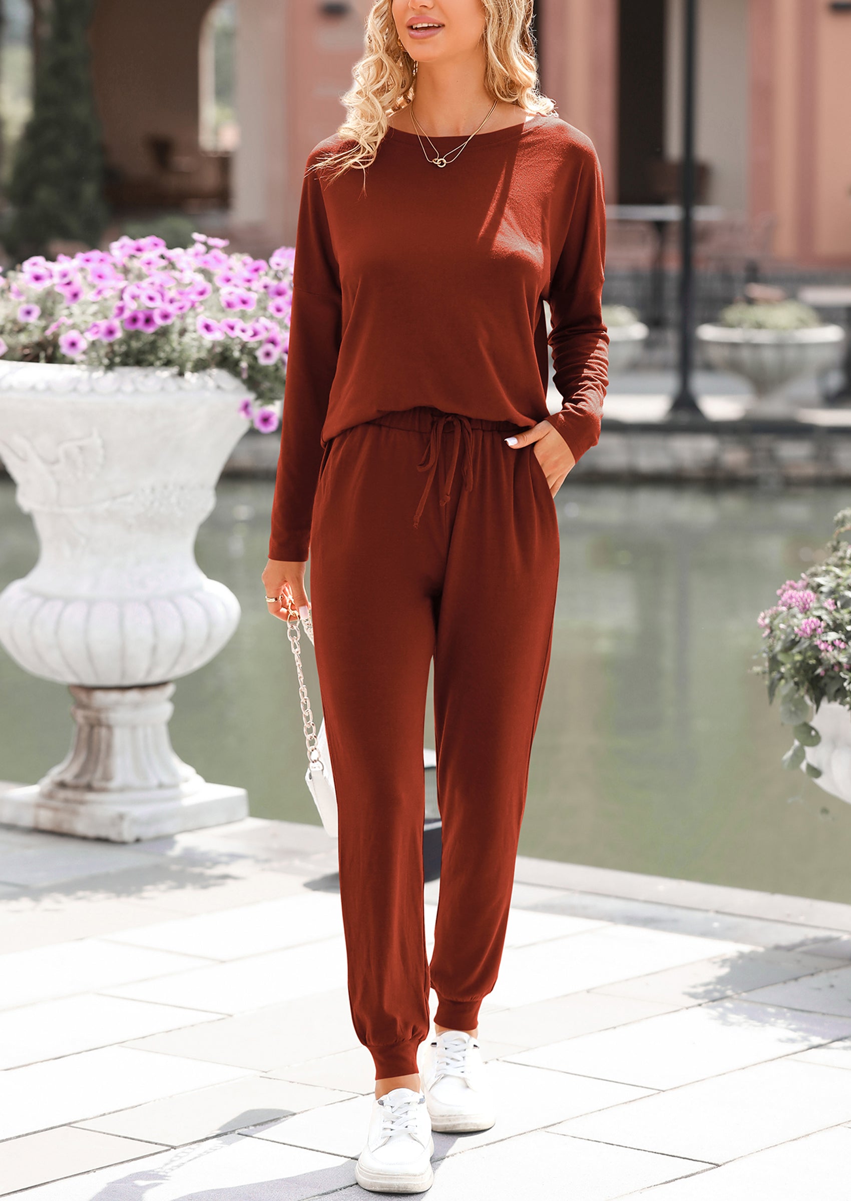 Lounge Outfit Long Sleeve Crewneck Pullover Tops High Waisted Pants Set Tracksuit