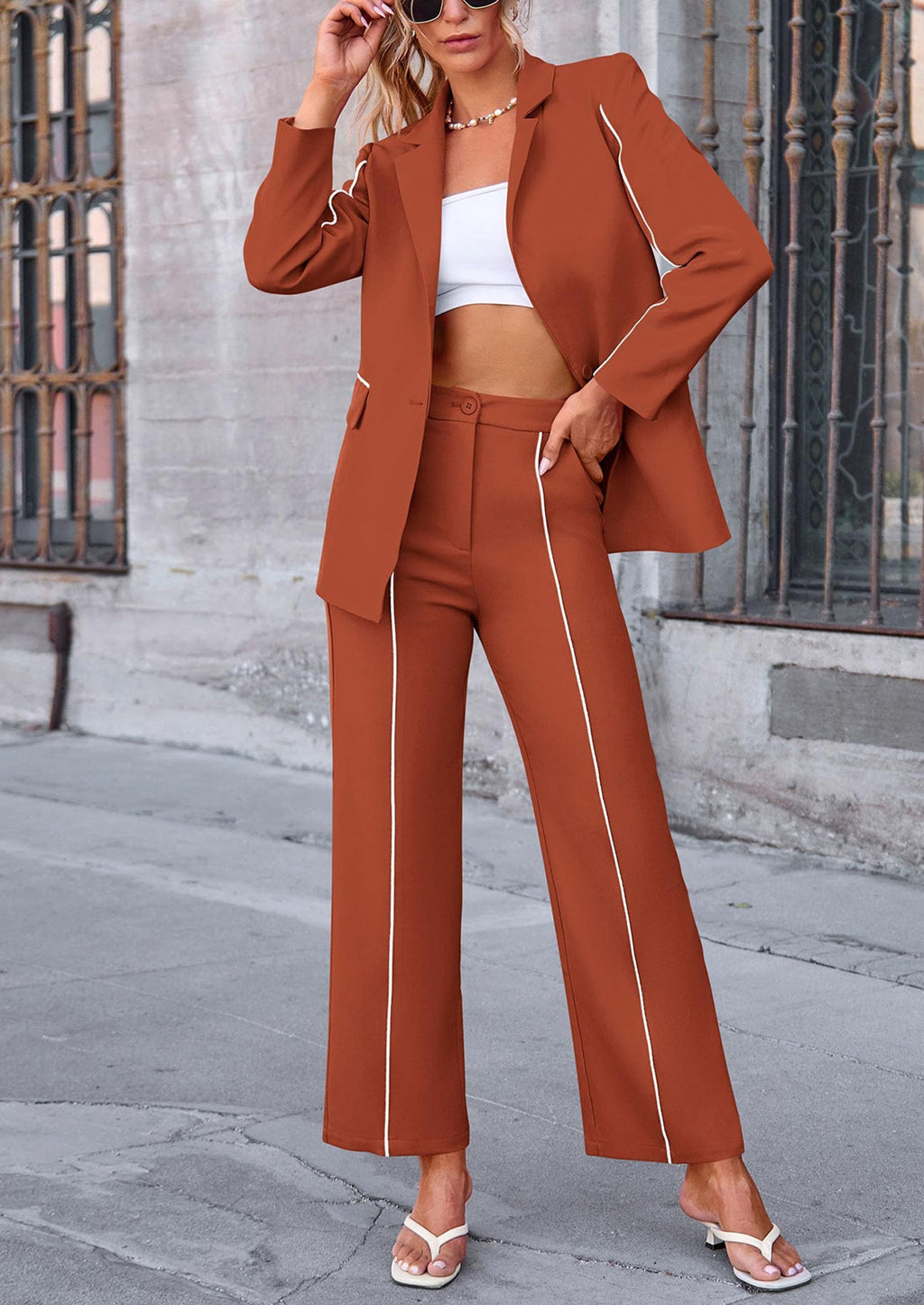 2 Piece Blazer Outfits Business Casual Oversized Jacket Wide Leg Work Pants Dressy Suit Set