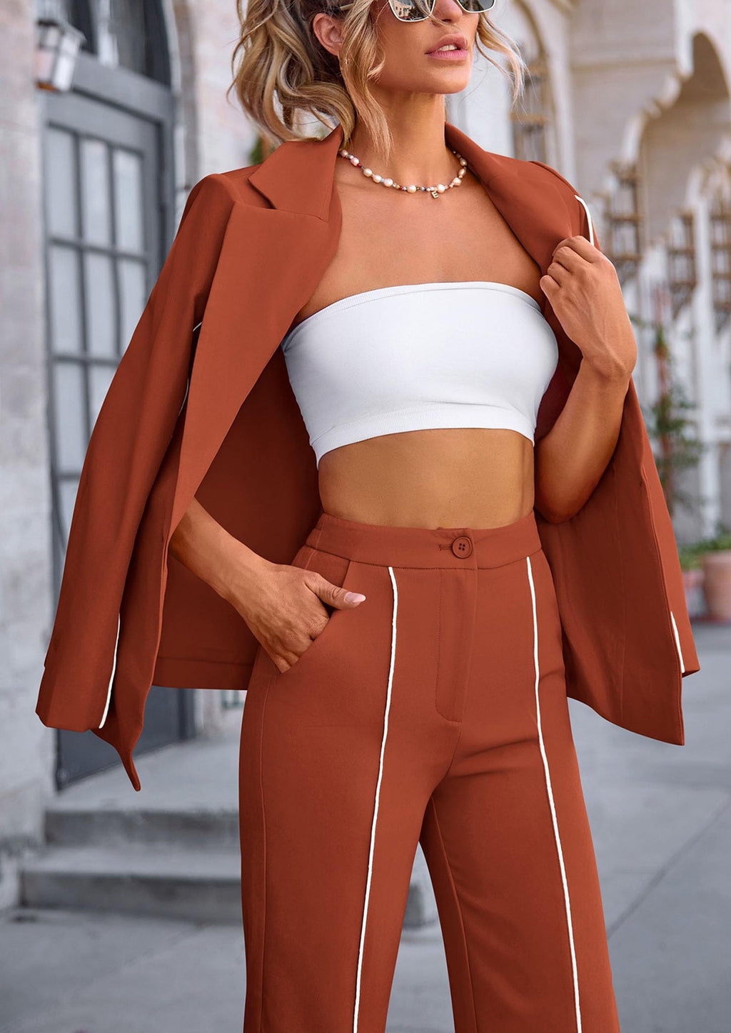 2 Piece Blazer Outfits Business Casual Oversized Jacket Wide Leg Work Pants Dressy Suit Set