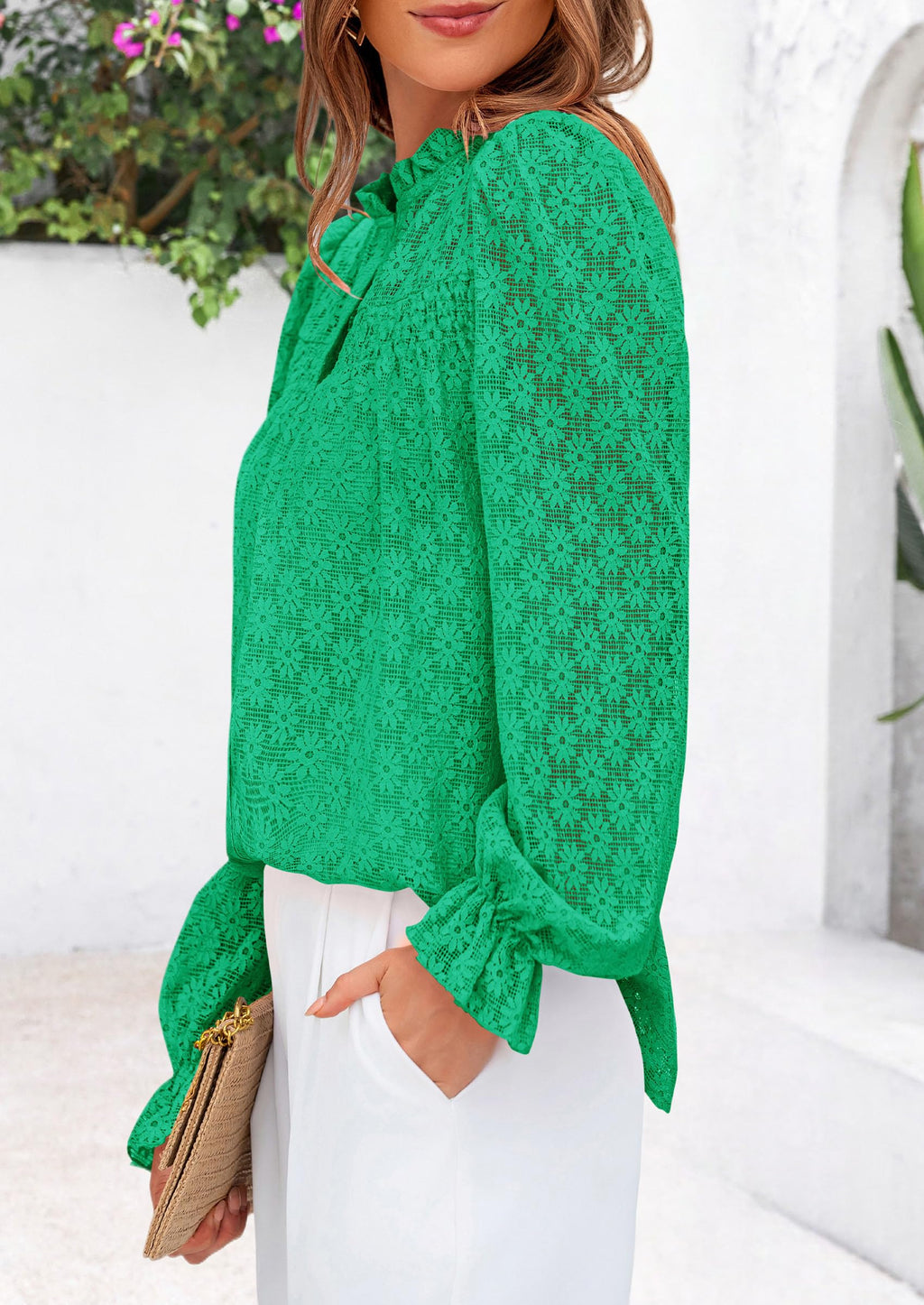 Lace Long Sleeve Tops for Women Eyelet Blouses Dressy Casual Hollow Out Button Down Shirts Summer Outfits