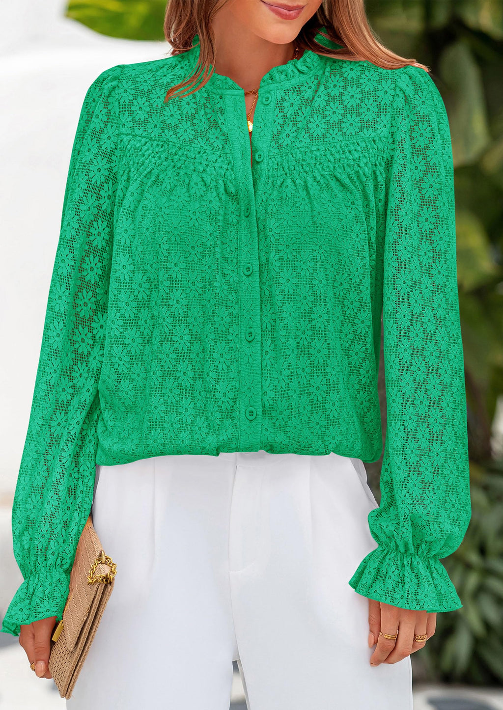 Lace Long Sleeve Tops for Women Eyelet Blouses Dressy Casual Hollow Out Button Down Shirts Summer Outfits