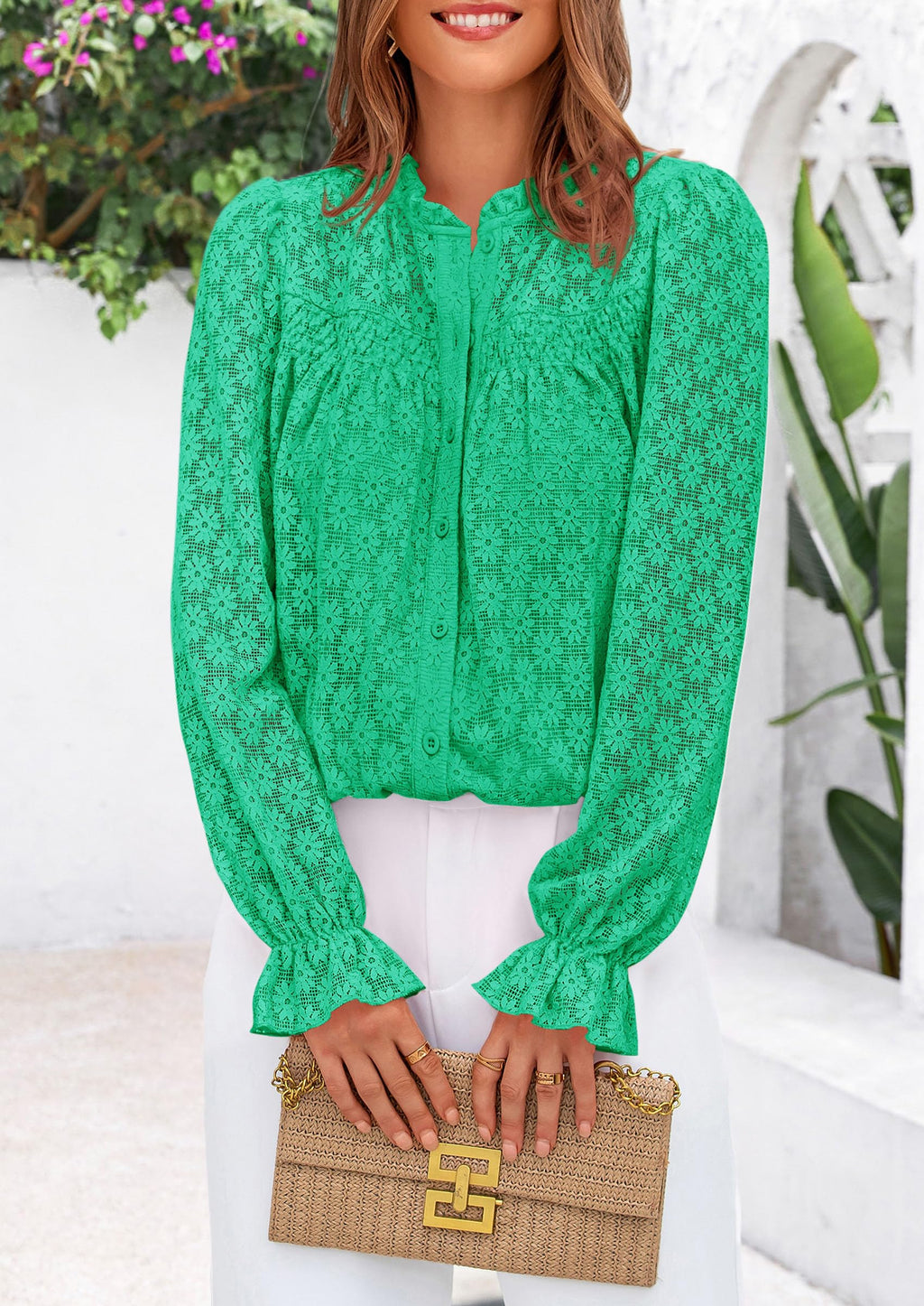 Lace Long Sleeve Tops for Women Eyelet Blouses Dressy Casual Hollow Out Button Down Shirts Summer Outfits