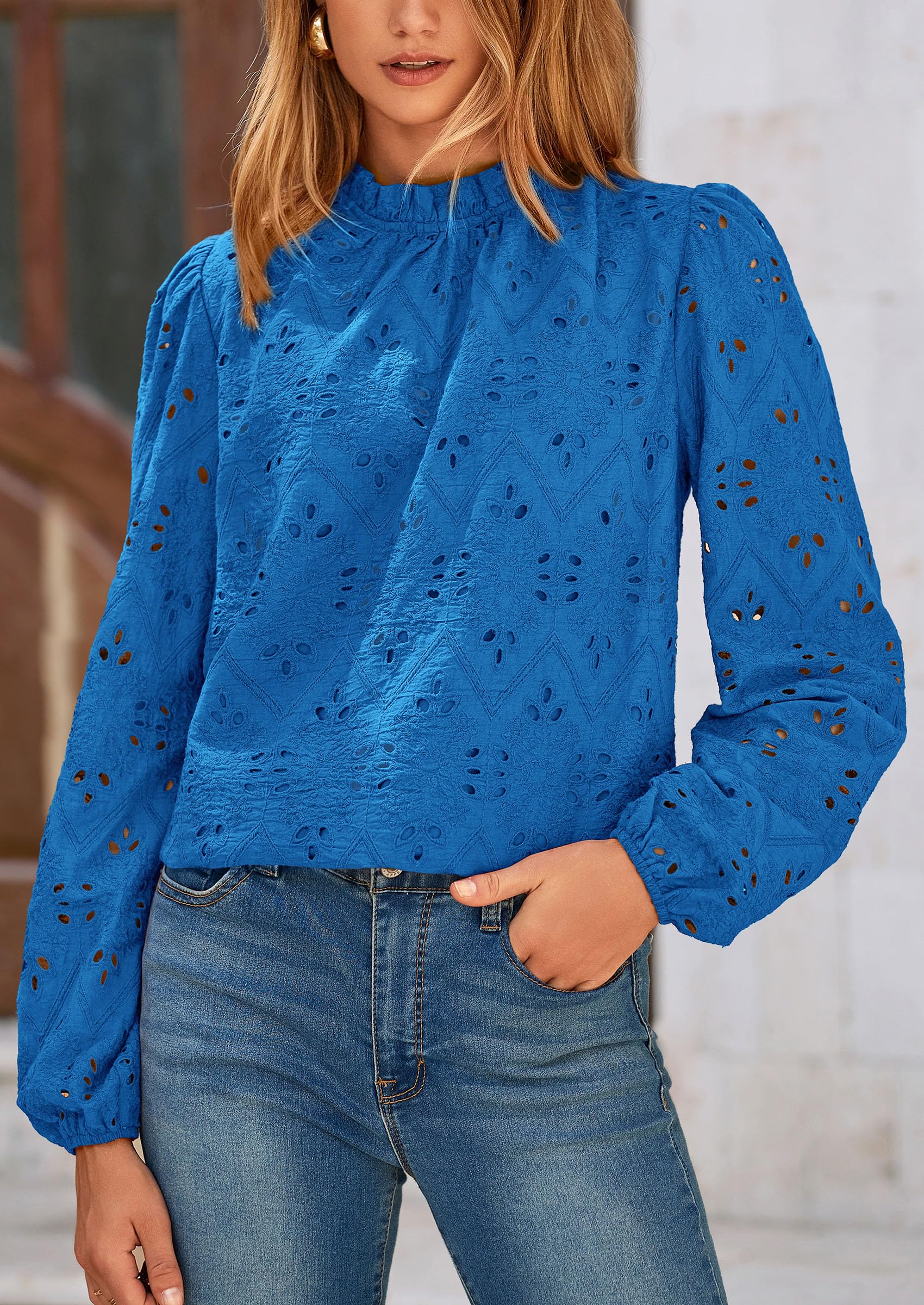 Womens Tops Dressy Casual Spring Long Sleeve Shirts Embroidered Eyelet Blouses Going Out Outfits