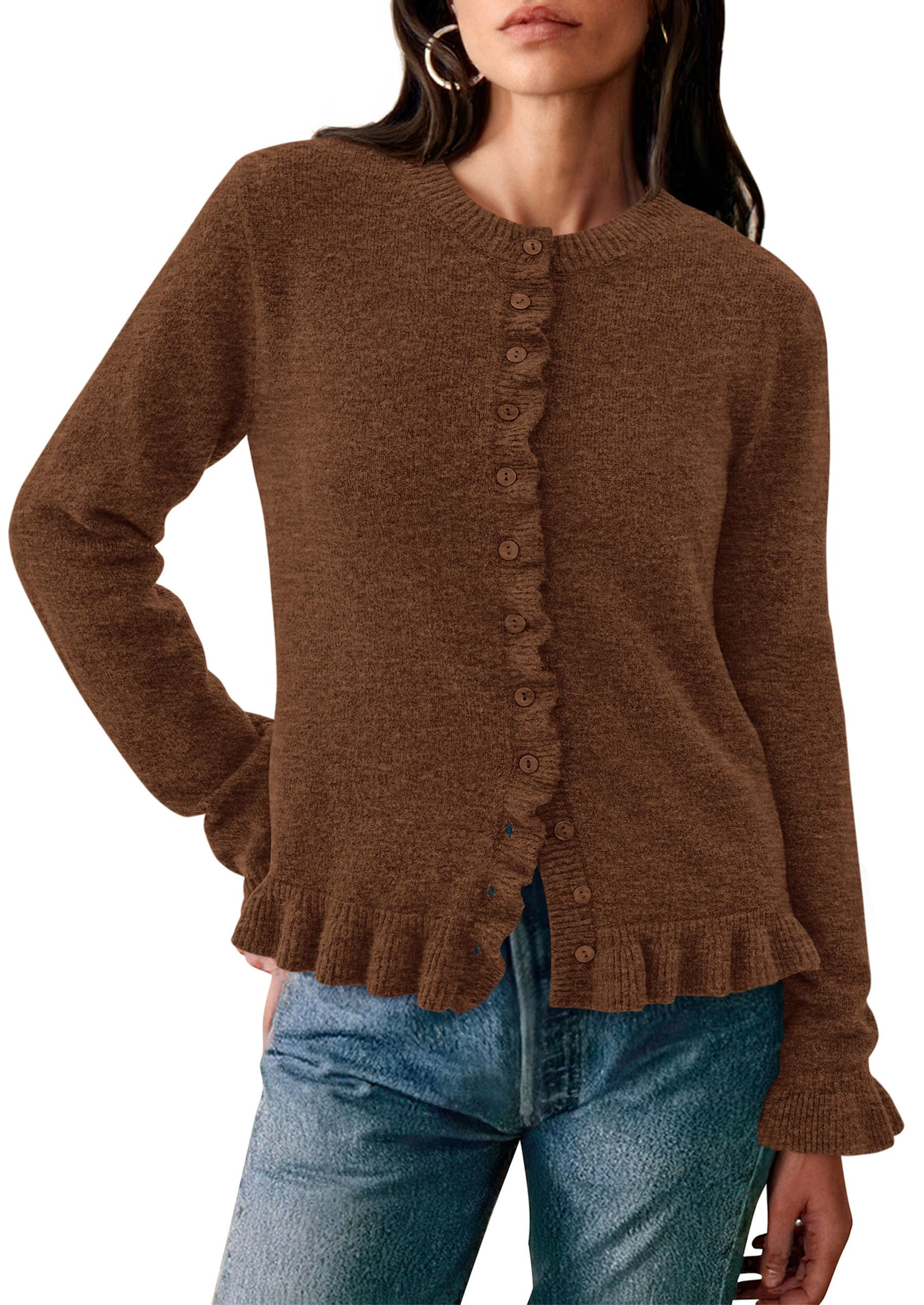 Womens Fall Button Down Cardigans Chunky Knit Ruffle Open Front Cropped Cardigan Sweaters Soft Long Sleeve Tops