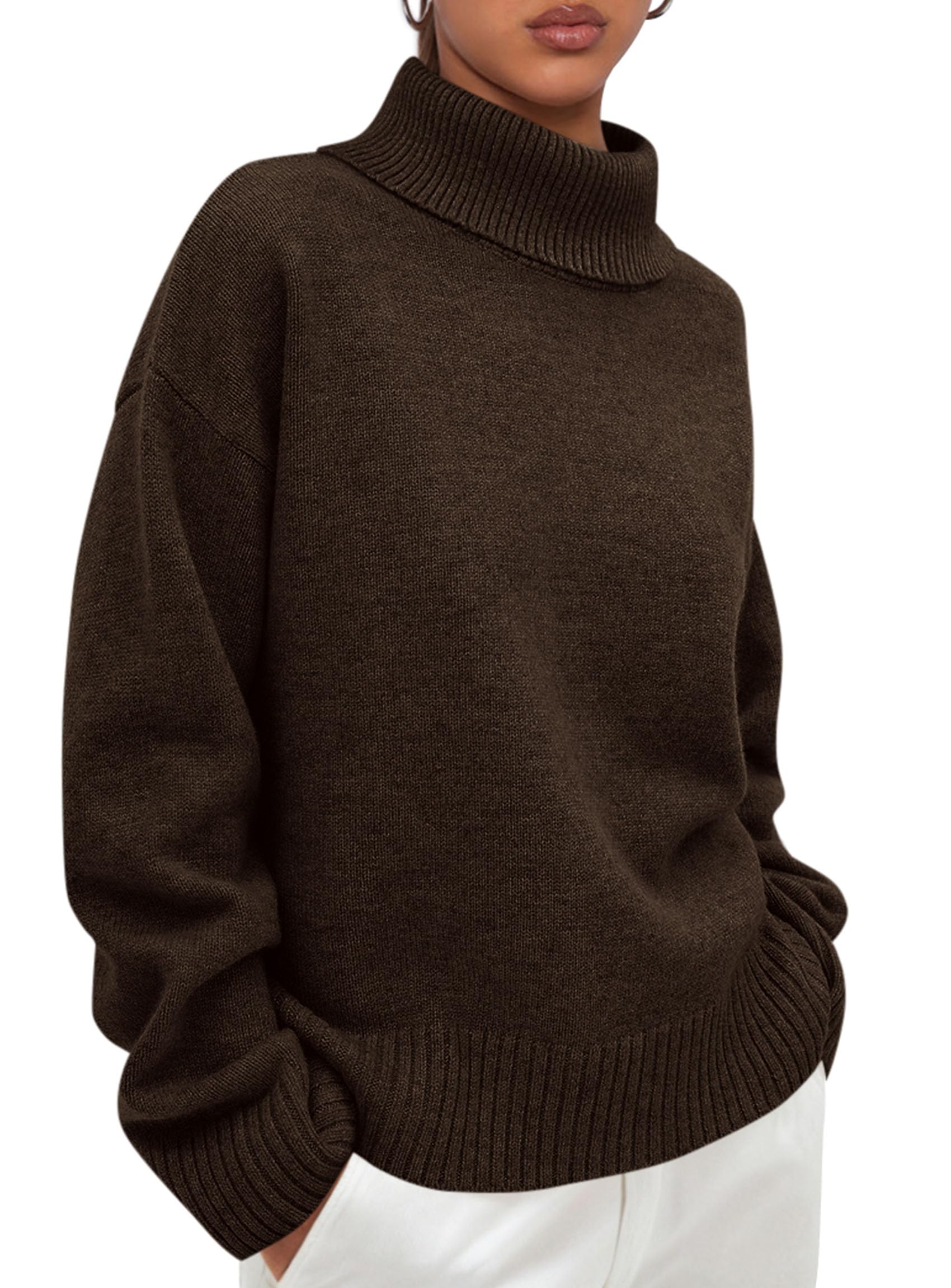 Womens Turtleneck Long Sleeve Sweater Fall Trendy Loose Fit Casual Tops Chunky Knit Pullover Sweaters