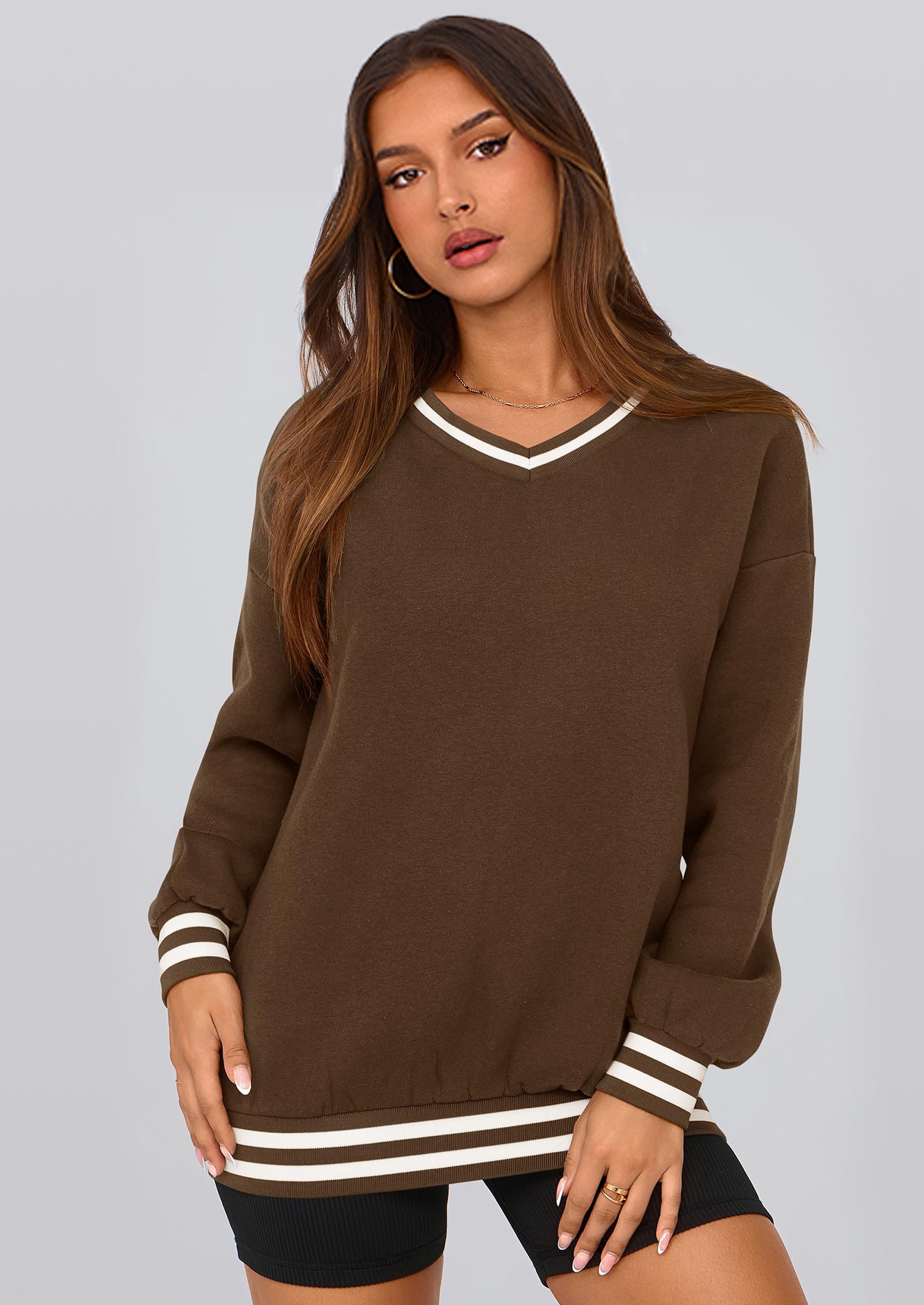 Women's Oversized Sweatshirts Casual Long Sleeve Stripes Knit V Neck Pullover Top Fall Teens Preppy Clothes