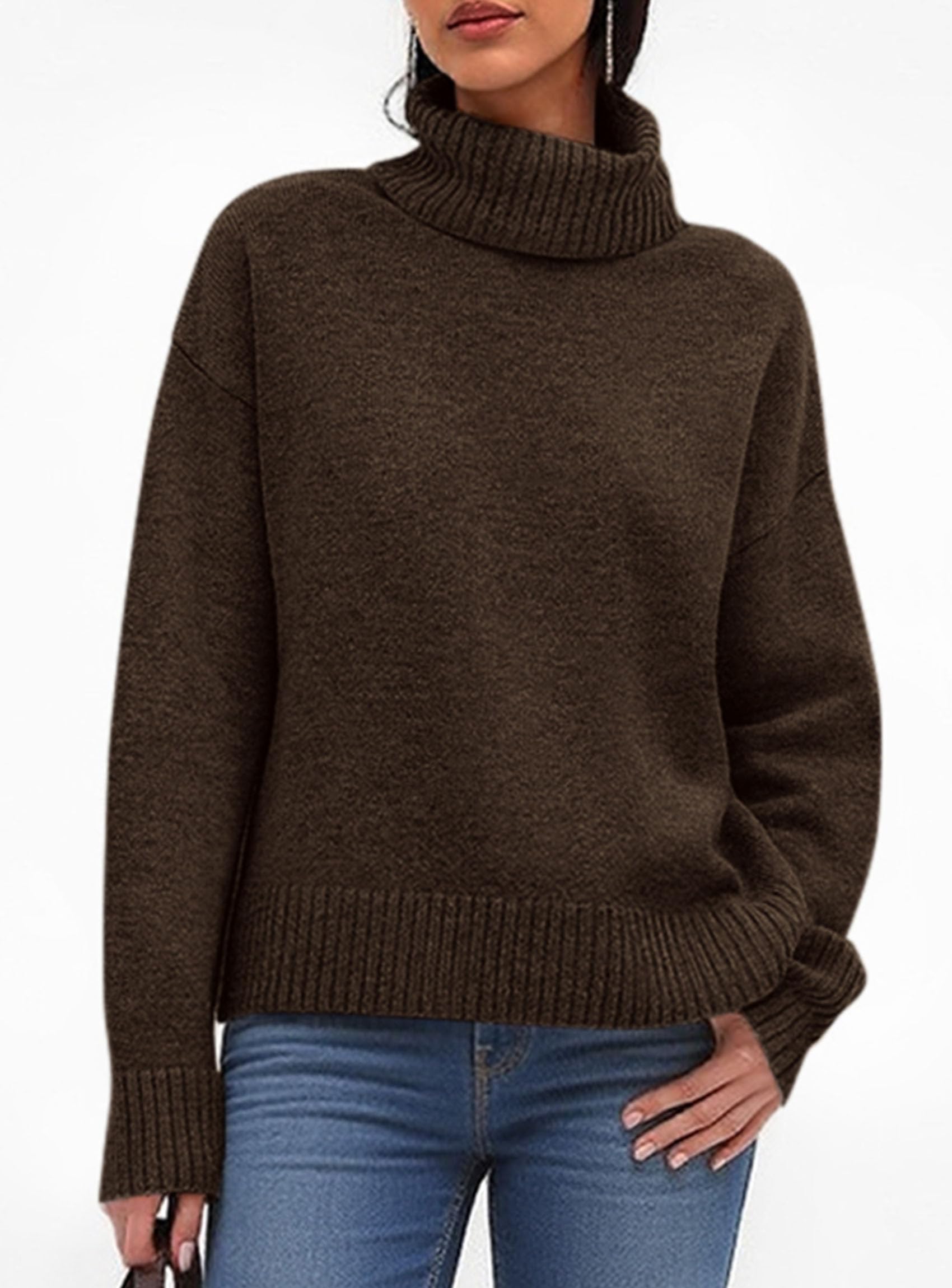 Womens Turtleneck Long Sleeve Sweater Fall Trendy Loose Fit Casual Tops Chunky Knit Pullover Sweaters