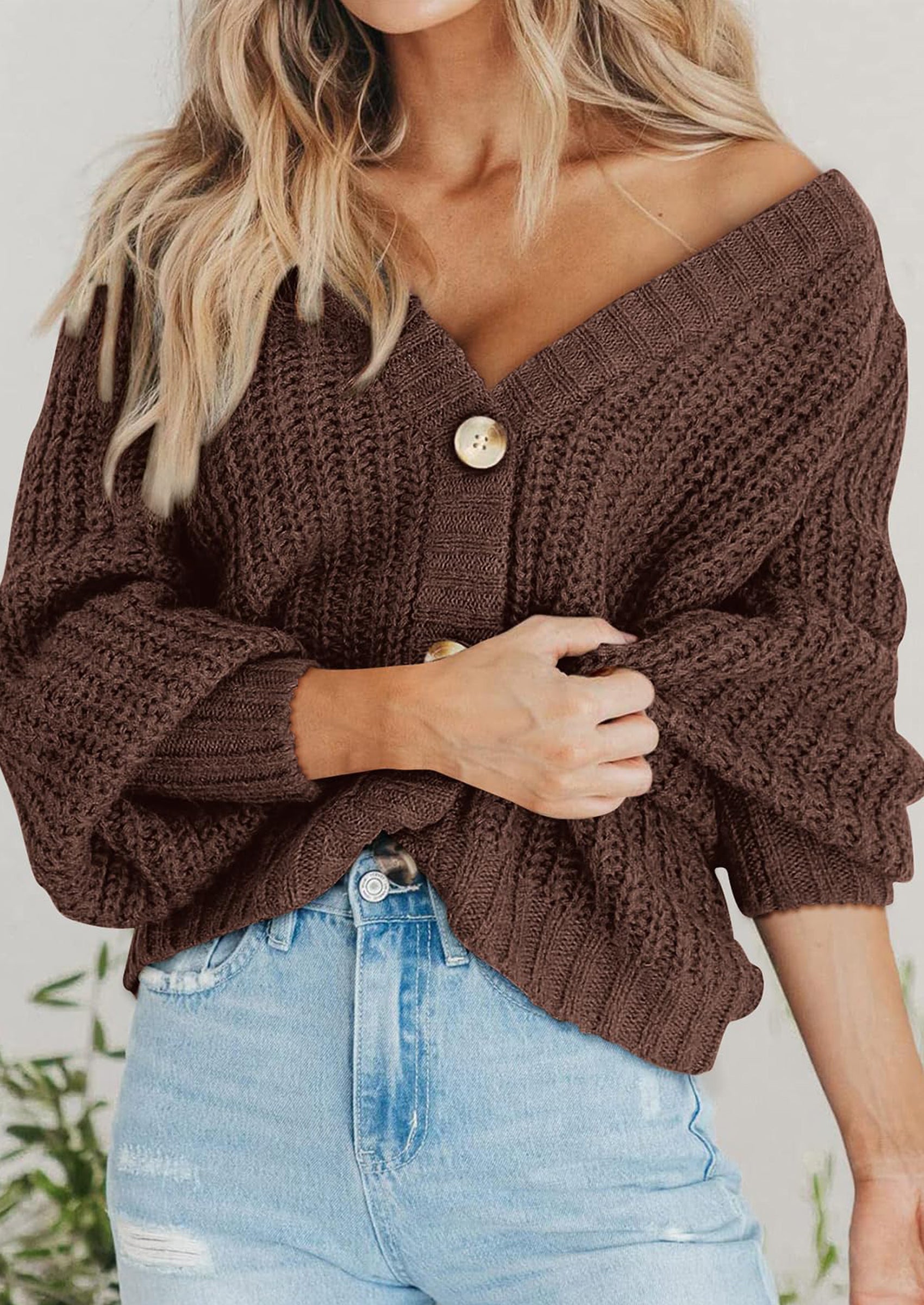 Women's Chunky Knit Open Front Sweater Long Sleeve Button Loose Short Cardigan Outerwear Coats