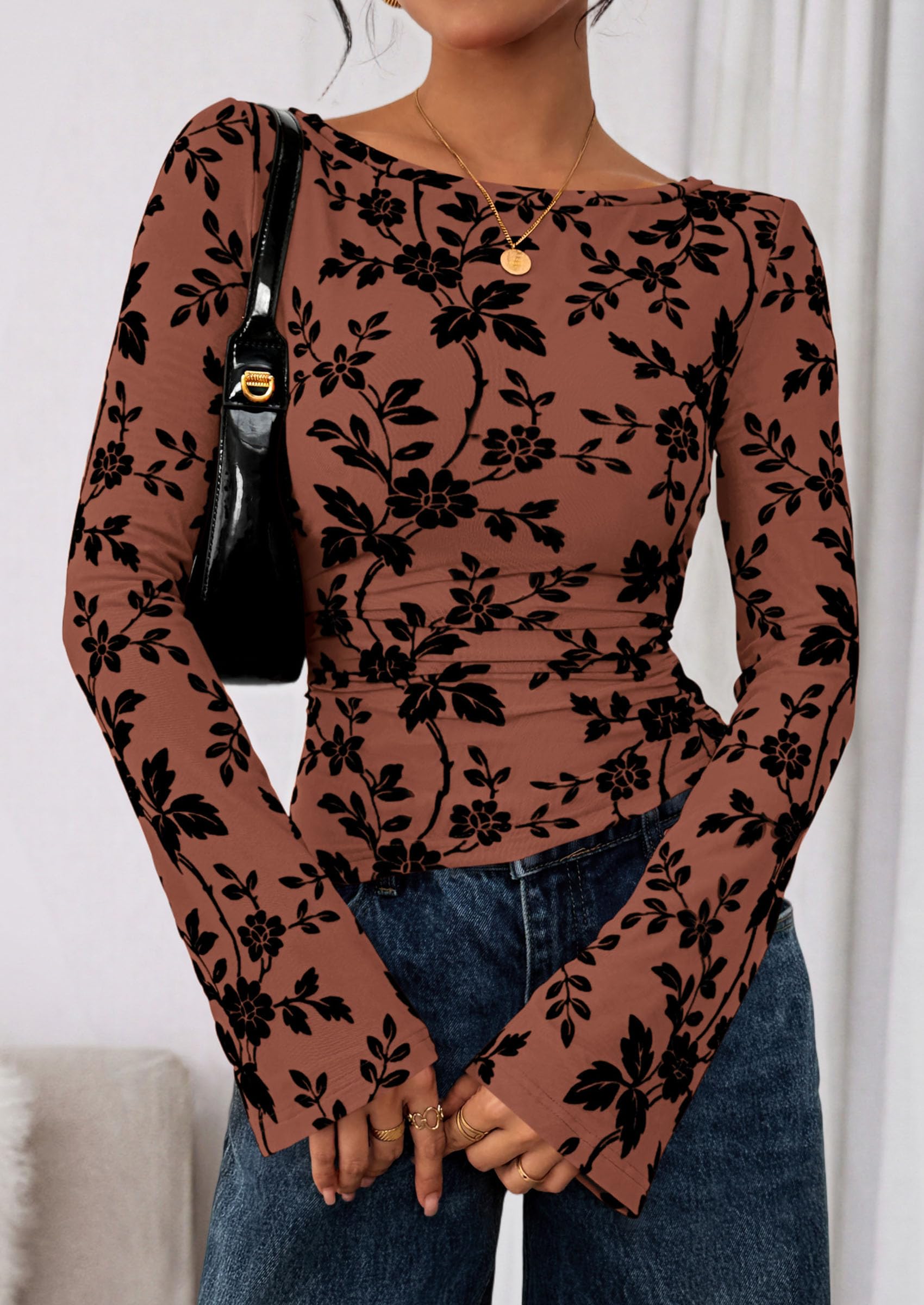 Women Long Sleeve Floral Mesh Tops Blouse  Fall Trendy Boat Neck Ruched Fitted Shirt Going Out Date Outfits