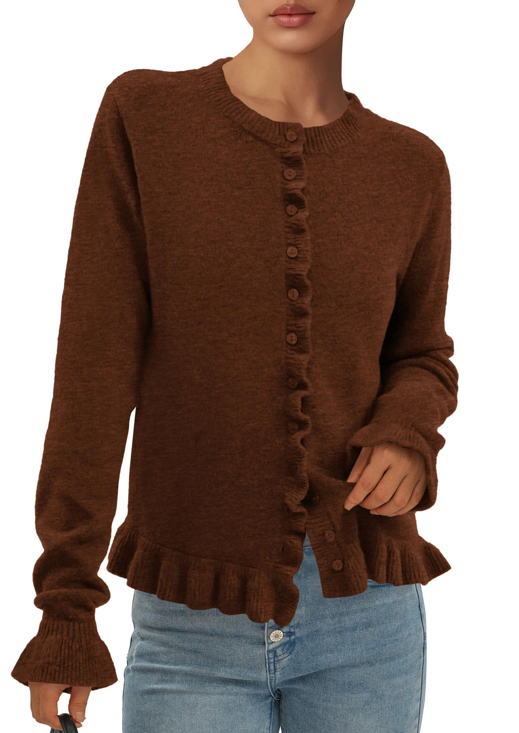 Womens Fall Button Down Cardigans Chunky Knit Ruffle Open Front Cropped Cardigan Sweaters Soft Long Sleeve Tops