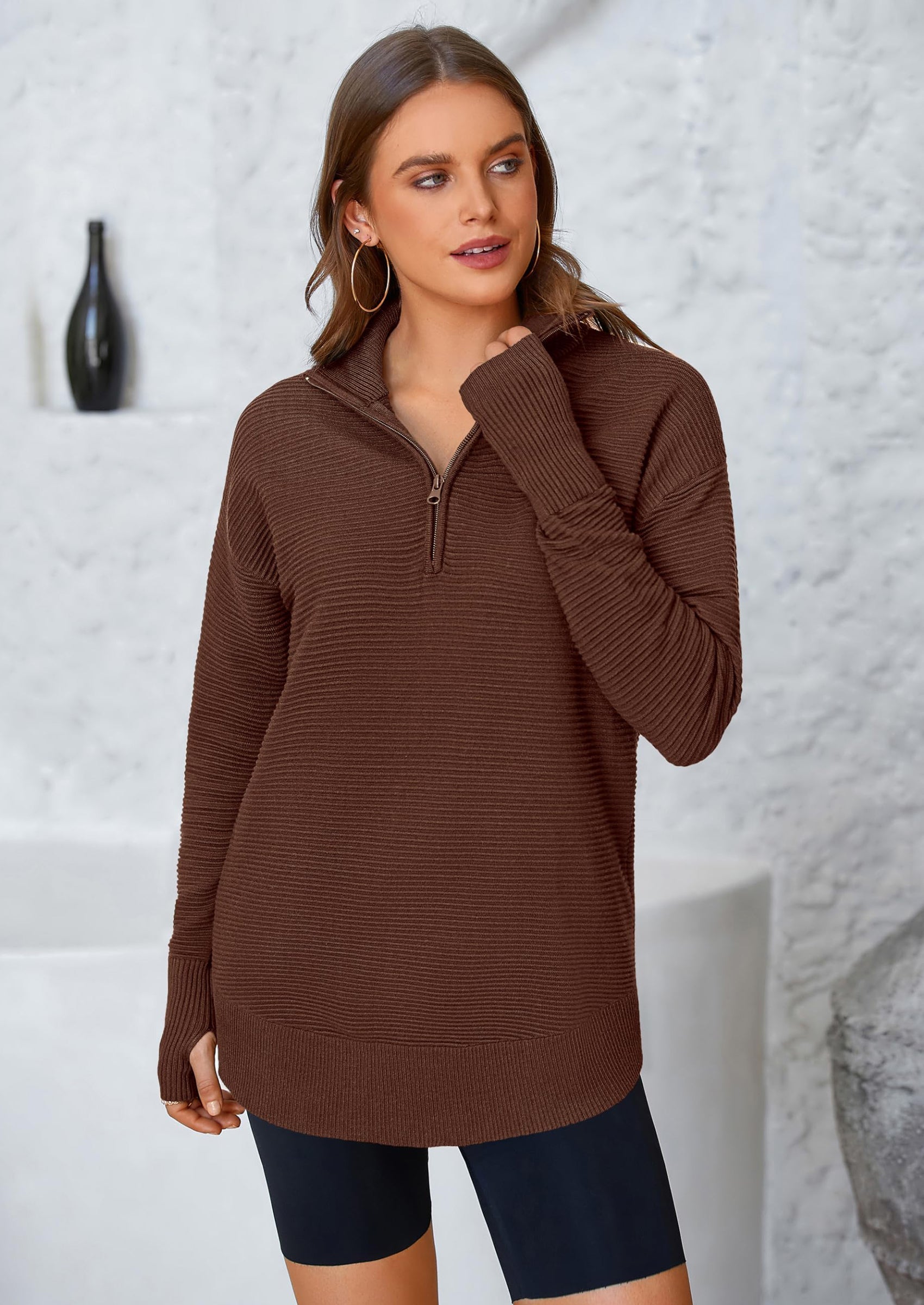 Womens Long Sleeve Quarter Zip Pullover Sweater Casual Loose V Neck Collared Ribbed Knit Jumper Tops Thumb Hole