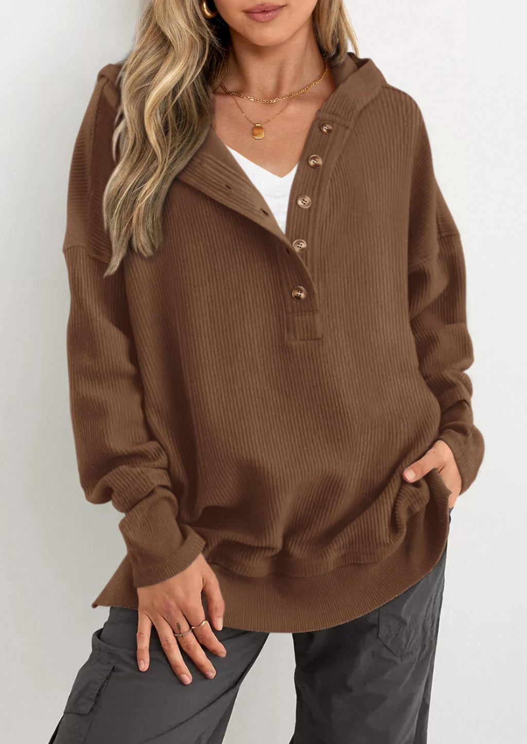 Womens Fashion Oversized Long Sleeve Hoodie Button Down V Neck Sweatshirt Side Slit Casual Pullover Tops