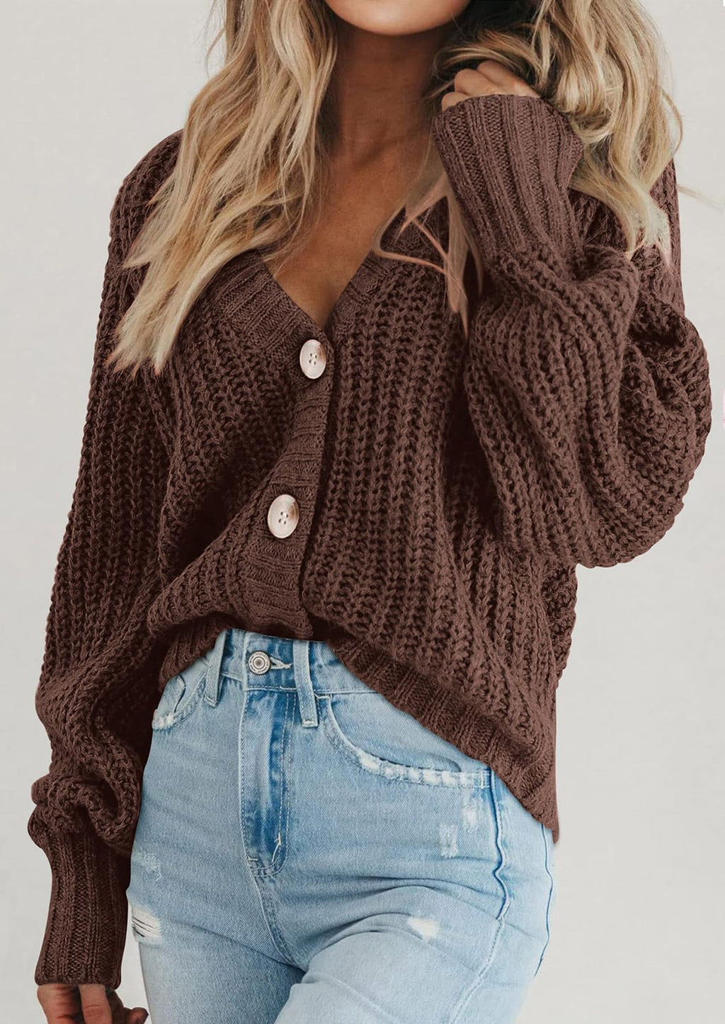 Women's Chunky Knit Open Front Sweater Long Sleeve Button Loose Short Cardigan Outerwear Coats