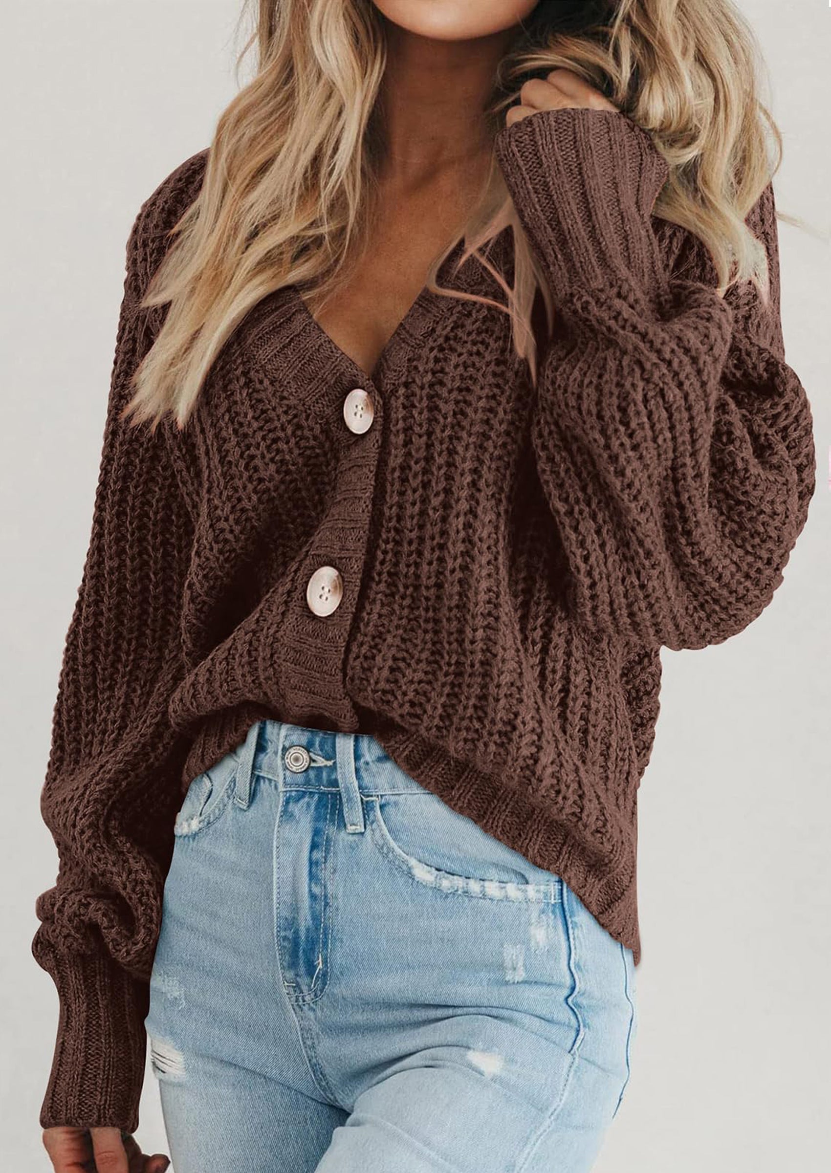 Women's Chunky Knit Open Front Sweater Long Sleeve Button Loose Short Cardigan Outerwear Coats