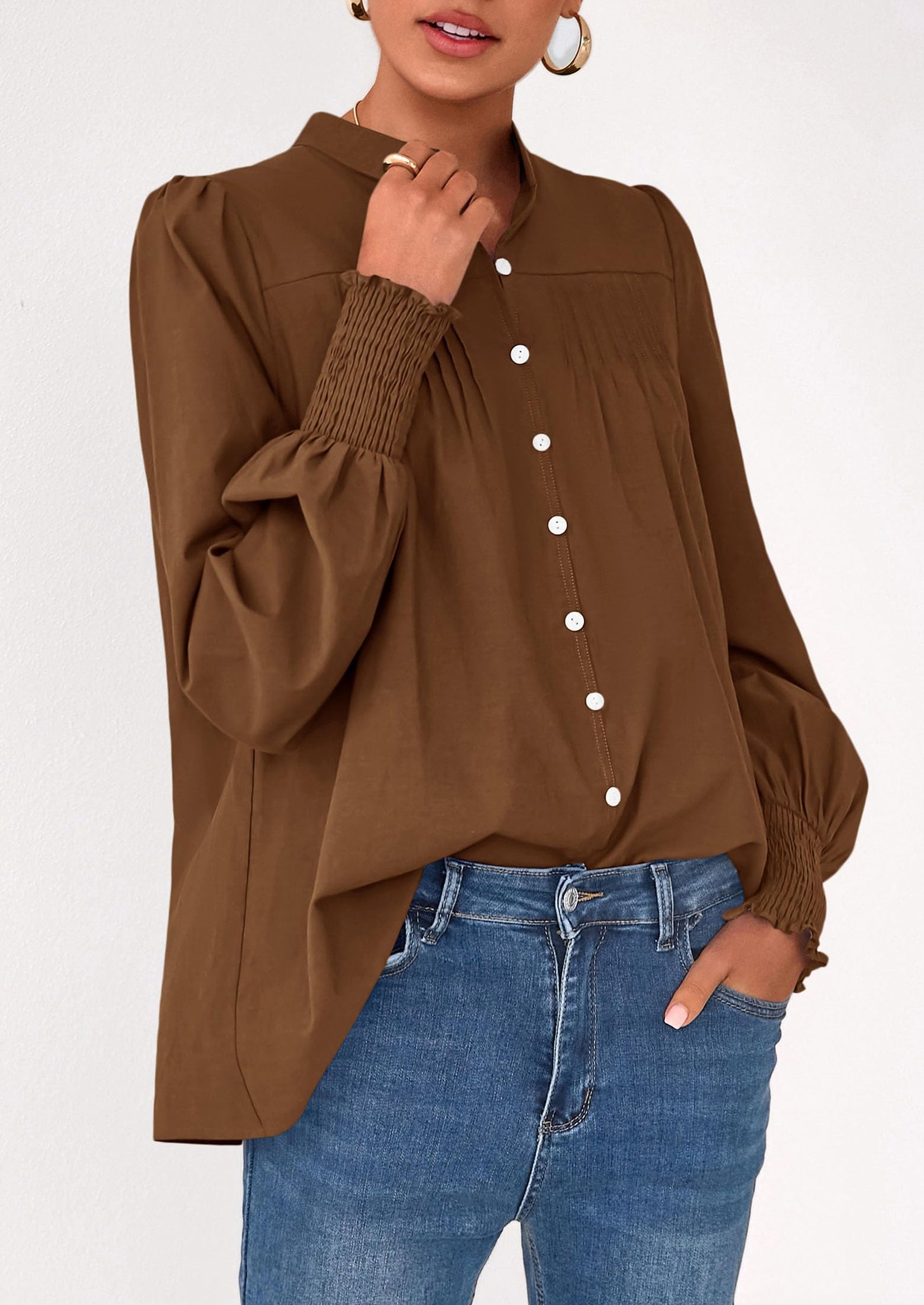 Womens Fall Lantern Long Sleeve Shirts Trendy Button V Neck Pleated Henley Tops Loose Work Blouses