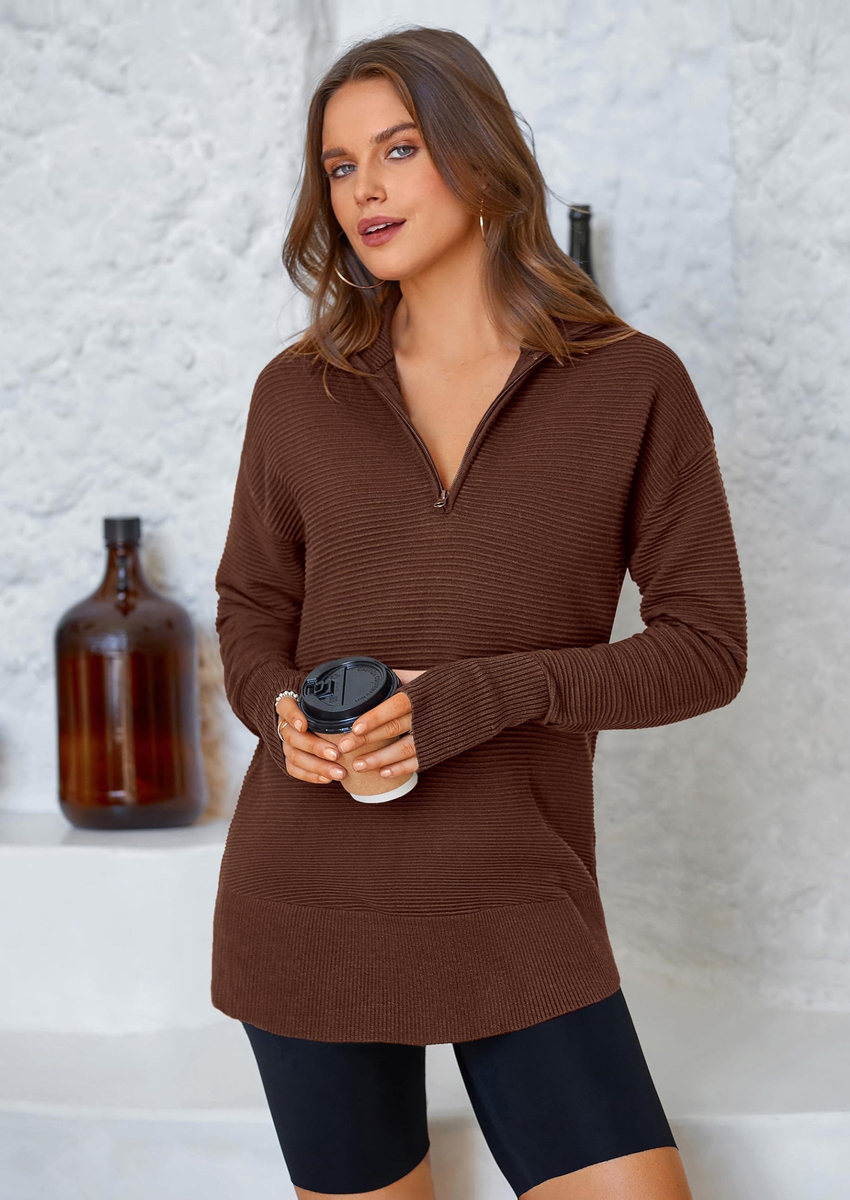 Womens Long Sleeve Quarter Zip Pullover Sweater Casual Loose V Neck Collared Ribbed Knit Jumper Tops Thumb Hole