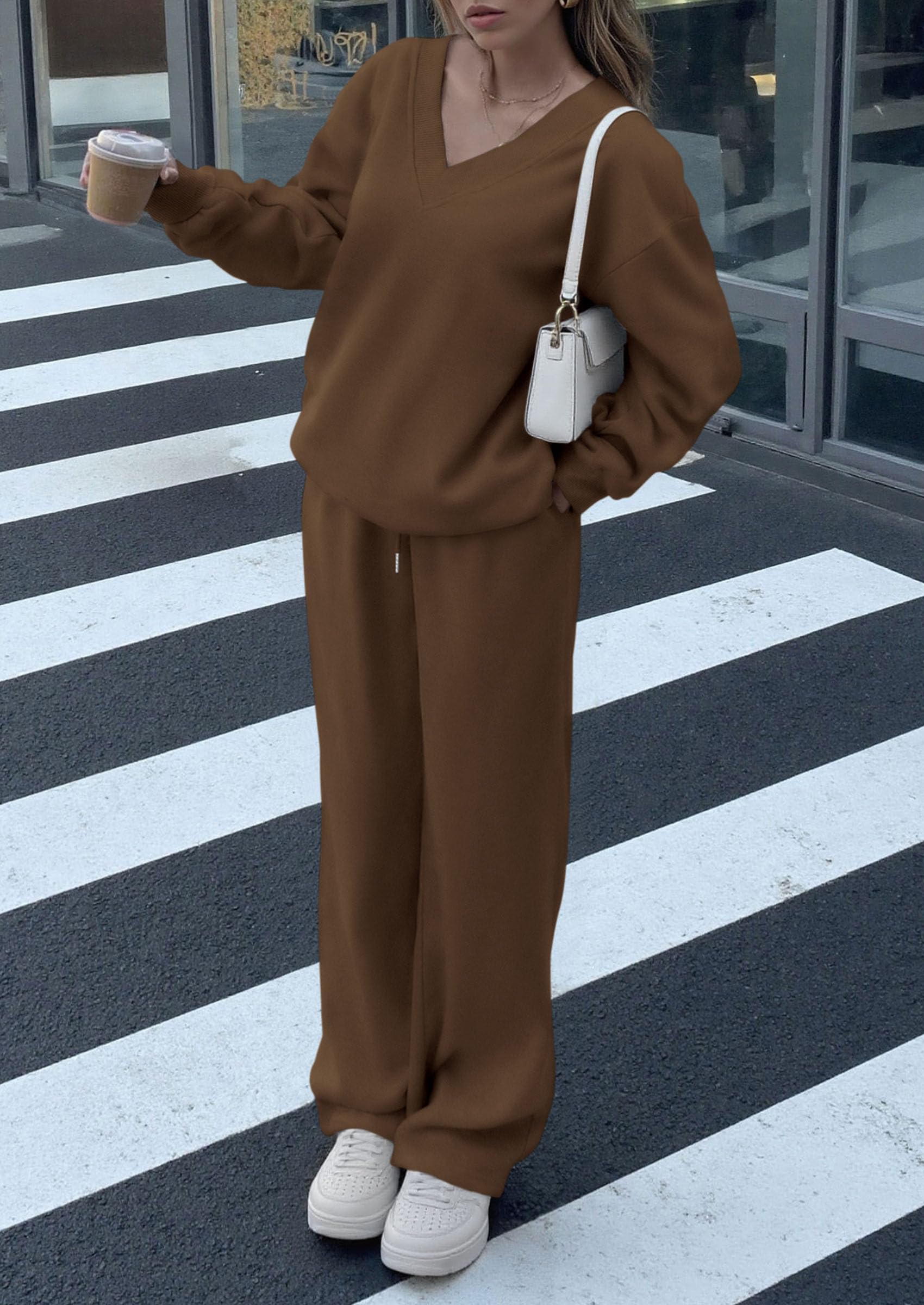 Casual Winter Two Piece Sets for Women V Neck Sweatshirt Loose Wide Leg Pants Tracksuit Knit Fall Outfits