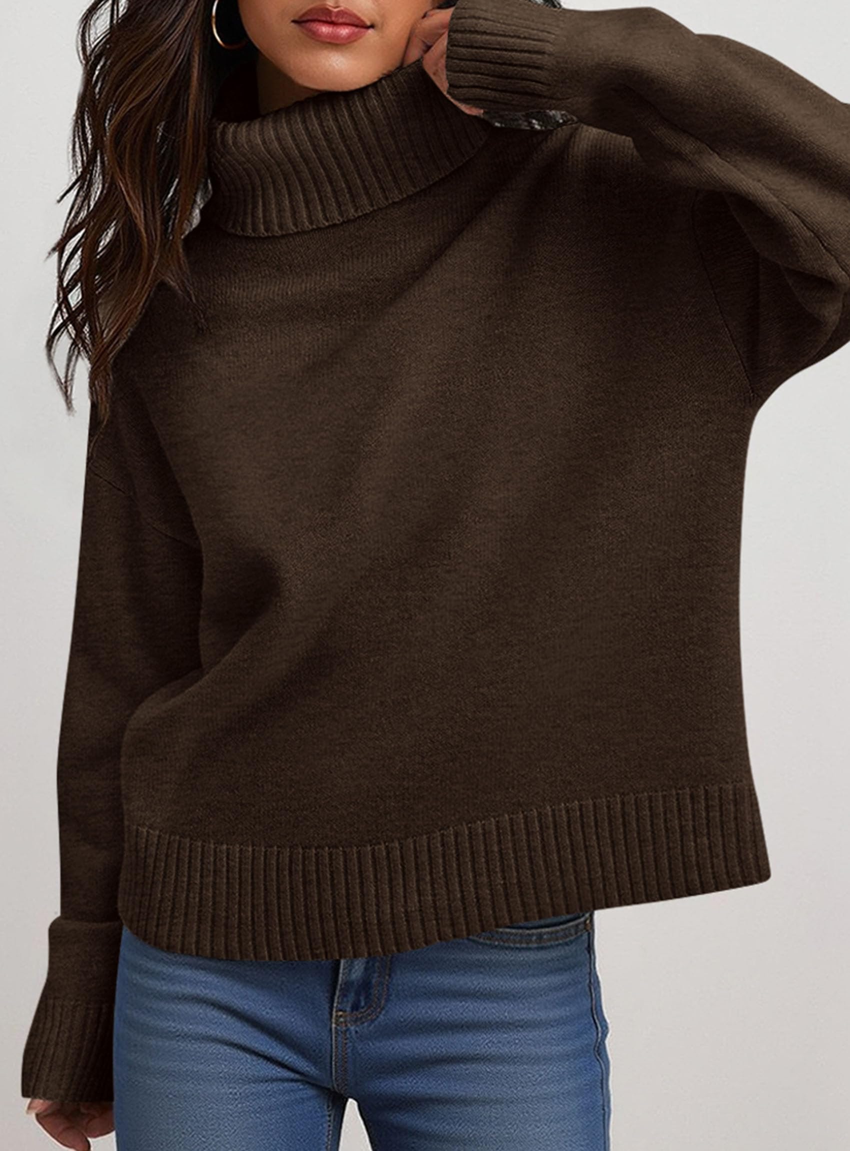 Womens Turtleneck Long Sleeve Sweater Fall Trendy Loose Fit Casual Tops Chunky Knit Pullover Sweaters