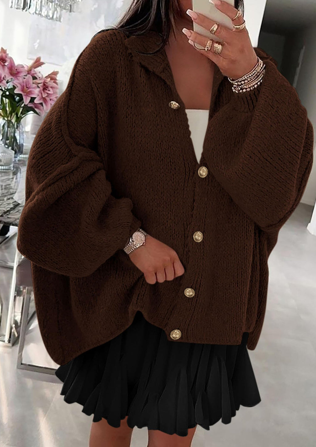 Women's Winter Button Down Cardigan Sweaters Mock Neck Lantern Long Sleeve Chunky Knit Jacket Trendy Outerwear