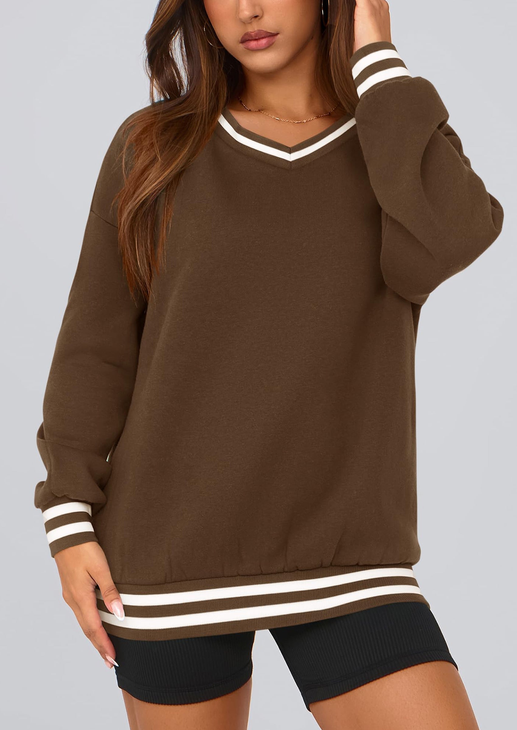 Women's Oversized Sweatshirts Casual Long Sleeve Stripes Knit V Neck Pullover Top Fall Teens Preppy Clothes