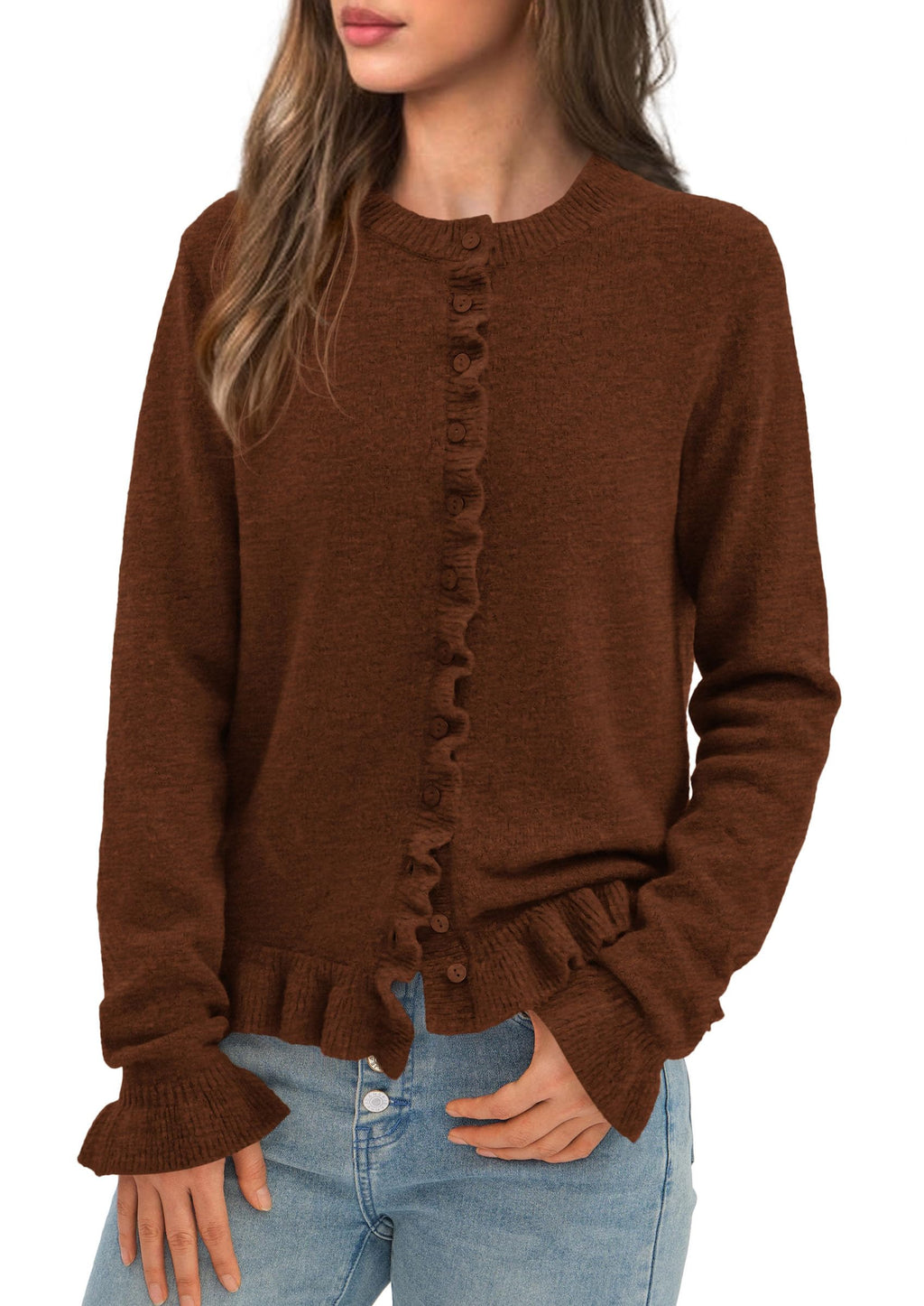 Womens Fall Button Down Cardigans Chunky Knit Ruffle Open Front Cropped Cardigan Sweaters Soft Long Sleeve Tops