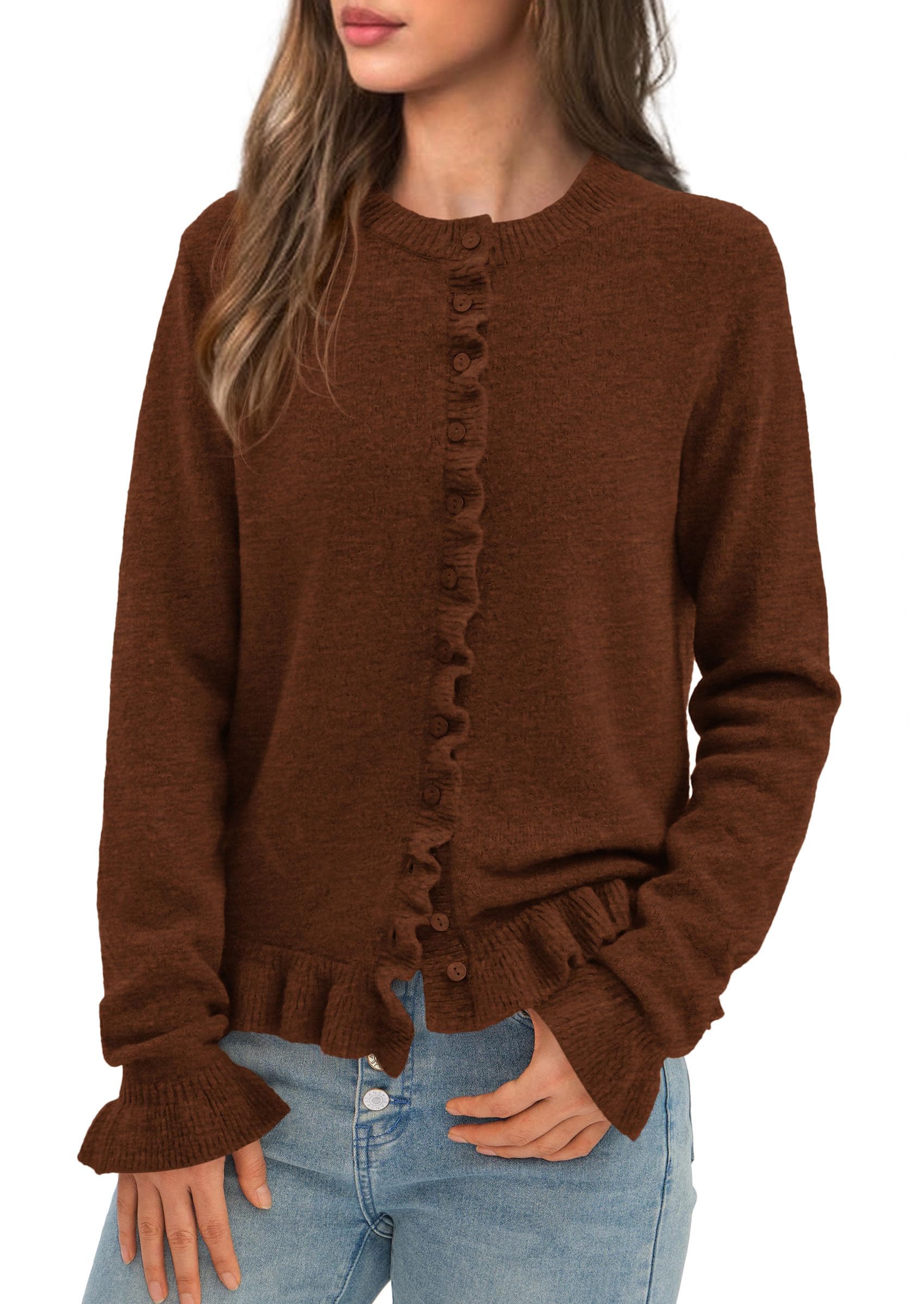 Womens Fall Button Down Cardigans Chunky Knit Ruffle Open Front Cropped Cardigan Sweaters Soft Long Sleeve Tops