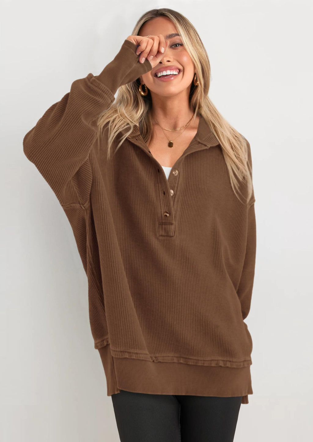 Womens Fashion Oversized Long Sleeve Hoodie Button Down V Neck Sweatshirt Side Slit Casual Pullover Tops