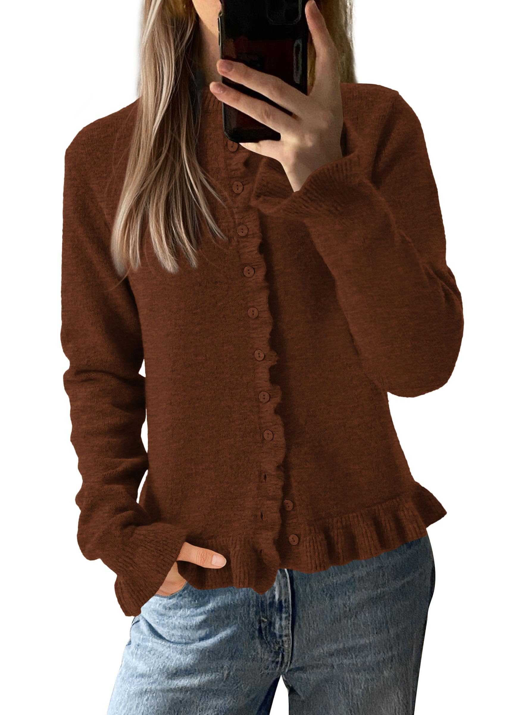 Womens Fall Button Down Cardigans Chunky Knit Ruffle Open Front Cropped Cardigan Sweaters Soft Long Sleeve Tops