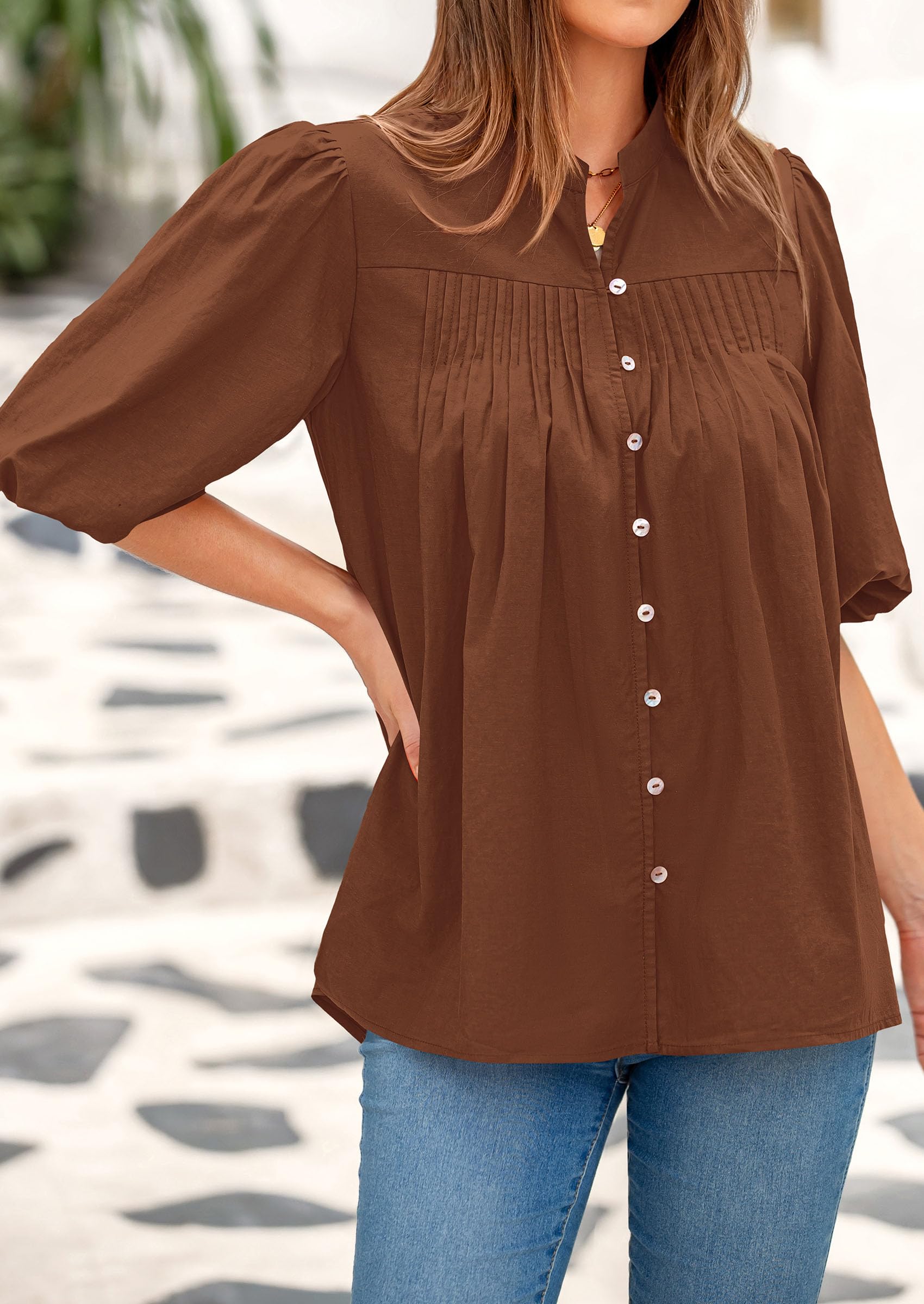 Women's Summer Short Lantern Sleeve Tops Loose Fit Button Down Shirt Casual Pleated V Neck Blouses