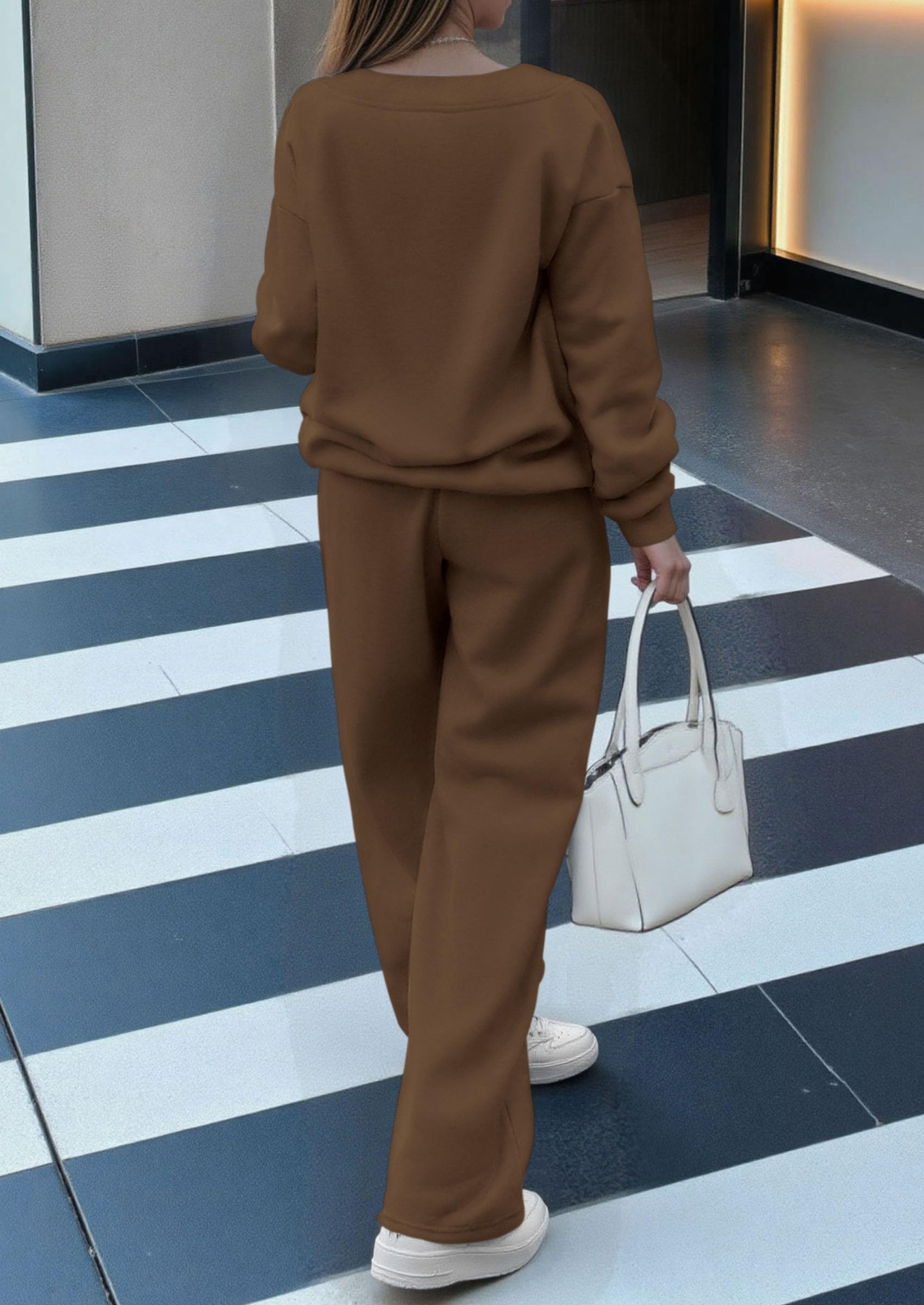 Casual Winter Two Piece Sets for Women V Neck Sweatshirt Loose Wide Leg Pants Tracksuit Knit Fall Outfits