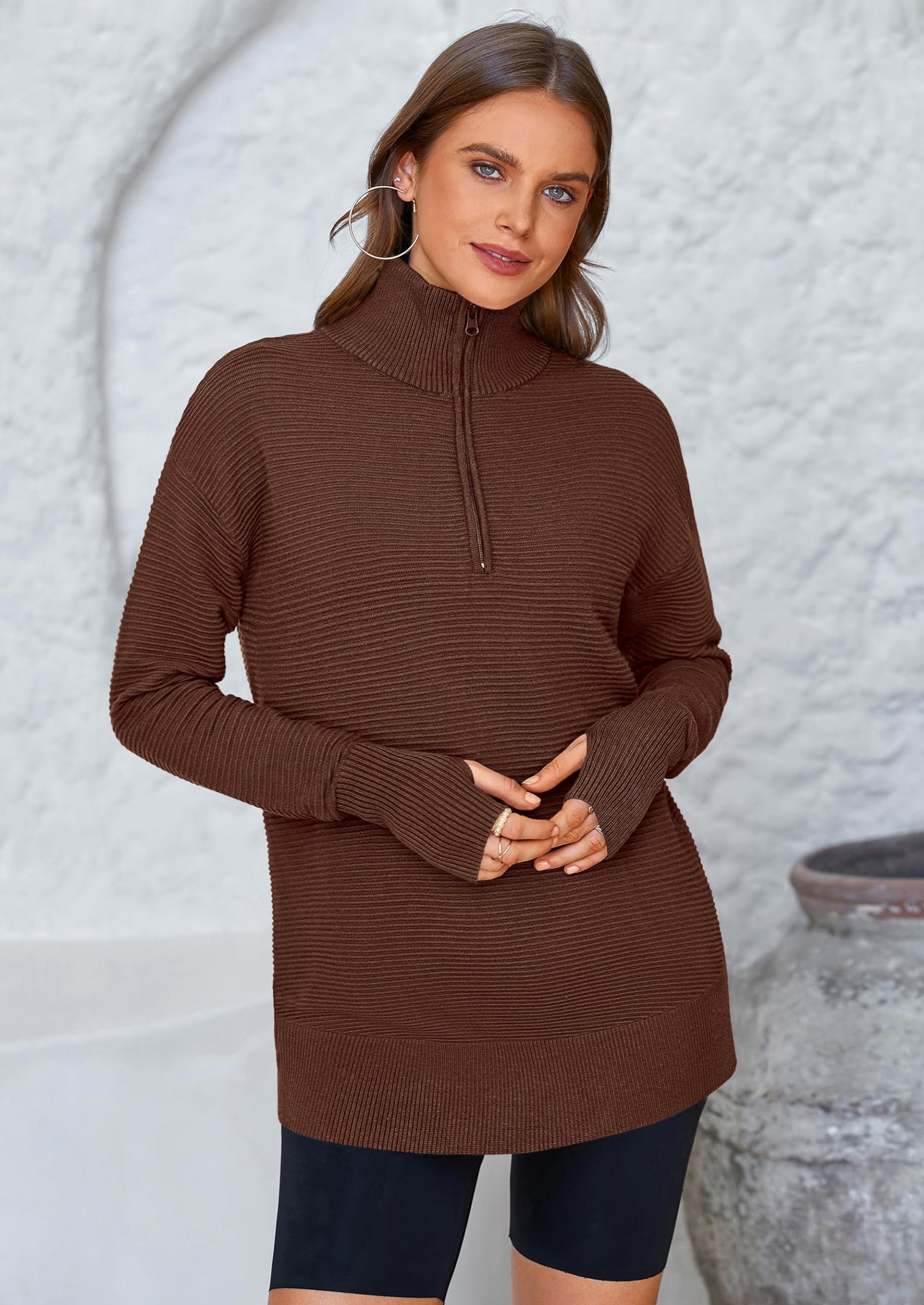 Womens Long Sleeve Quarter Zip Pullover Sweater Casual Loose V Neck Collared Ribbed Knit Jumper Tops Thumb Hole