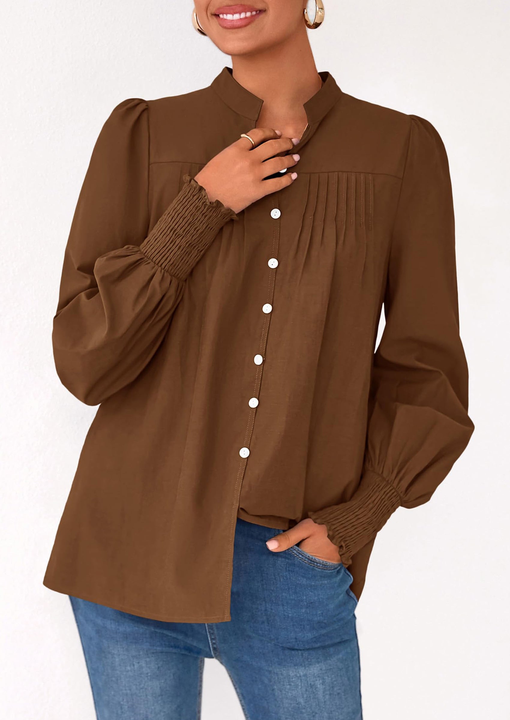 Womens Fall Lantern Long Sleeve Shirts Trendy Button V Neck Pleated Henley Tops Loose Work Blouses