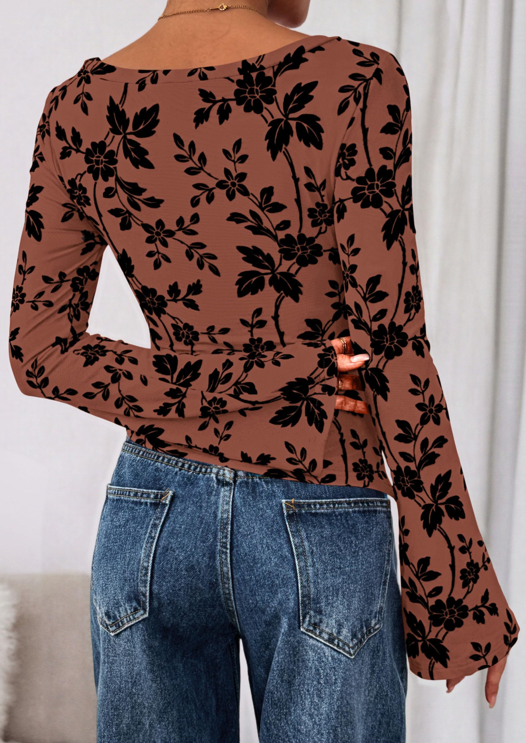 Women Long Sleeve Floral Mesh Tops Blouse  Fall Trendy Boat Neck Ruched Fitted Shirt Going Out Date Outfits