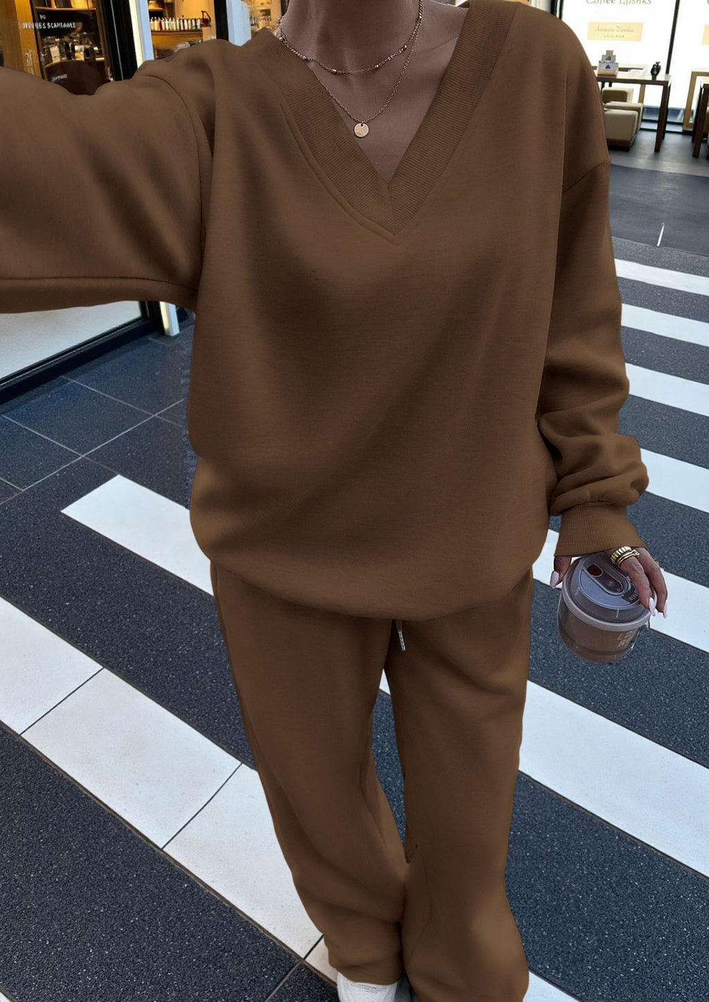 Casual Winter Two Piece Sets for Women V Neck Sweatshirt Loose Wide Leg Pants Tracksuit Knit Fall Outfits