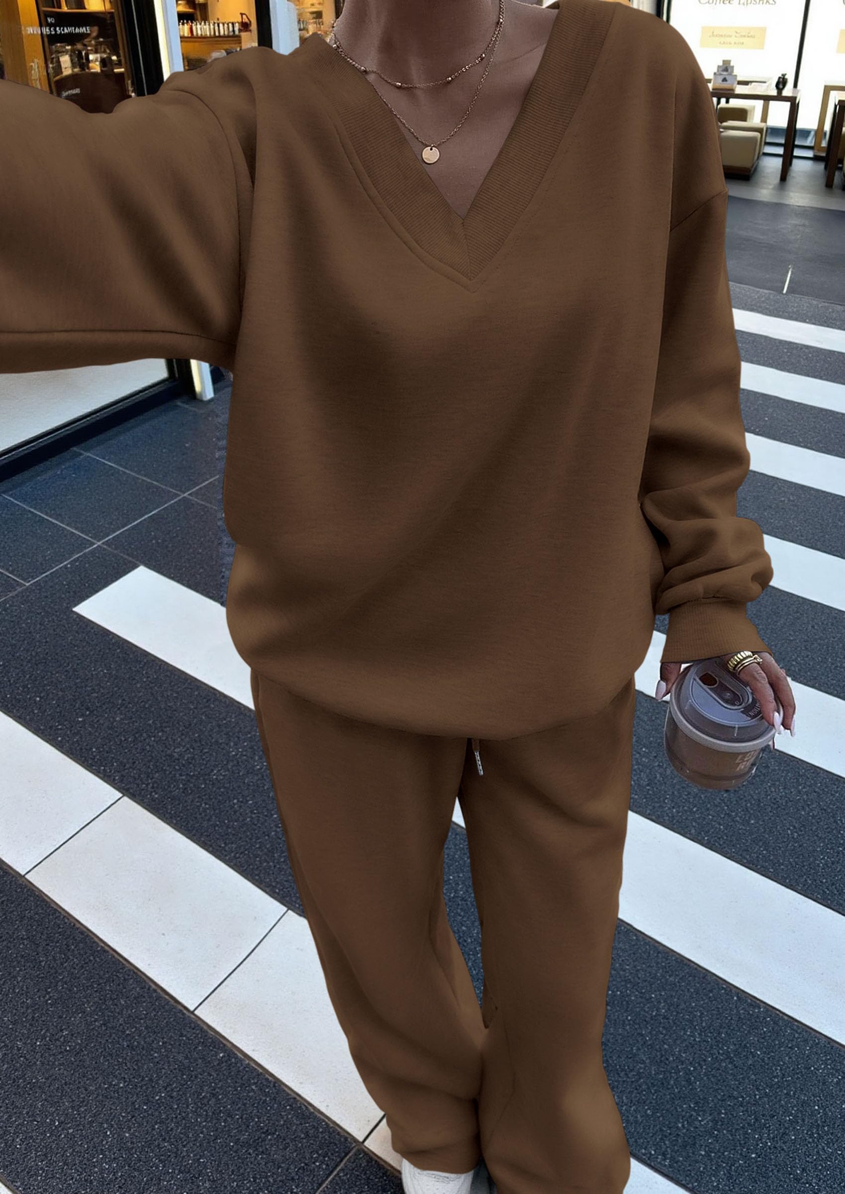 Casual Winter Two Piece Sets for Women V Neck Sweatshirt Loose Wide Leg Pants Tracksuit Knit Fall Outfits