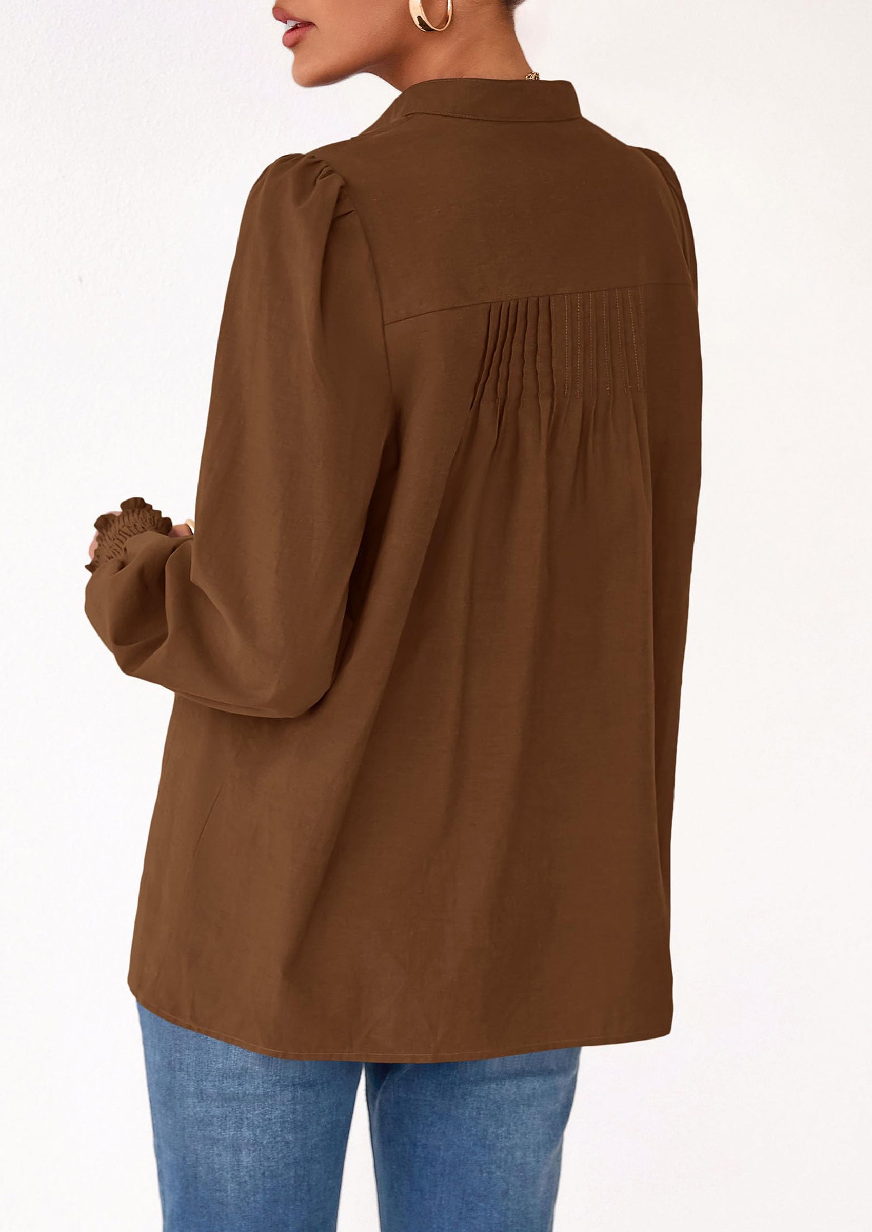 Womens Fall Lantern Long Sleeve Shirts Trendy Button V Neck Pleated Henley Tops Loose Work Blouses